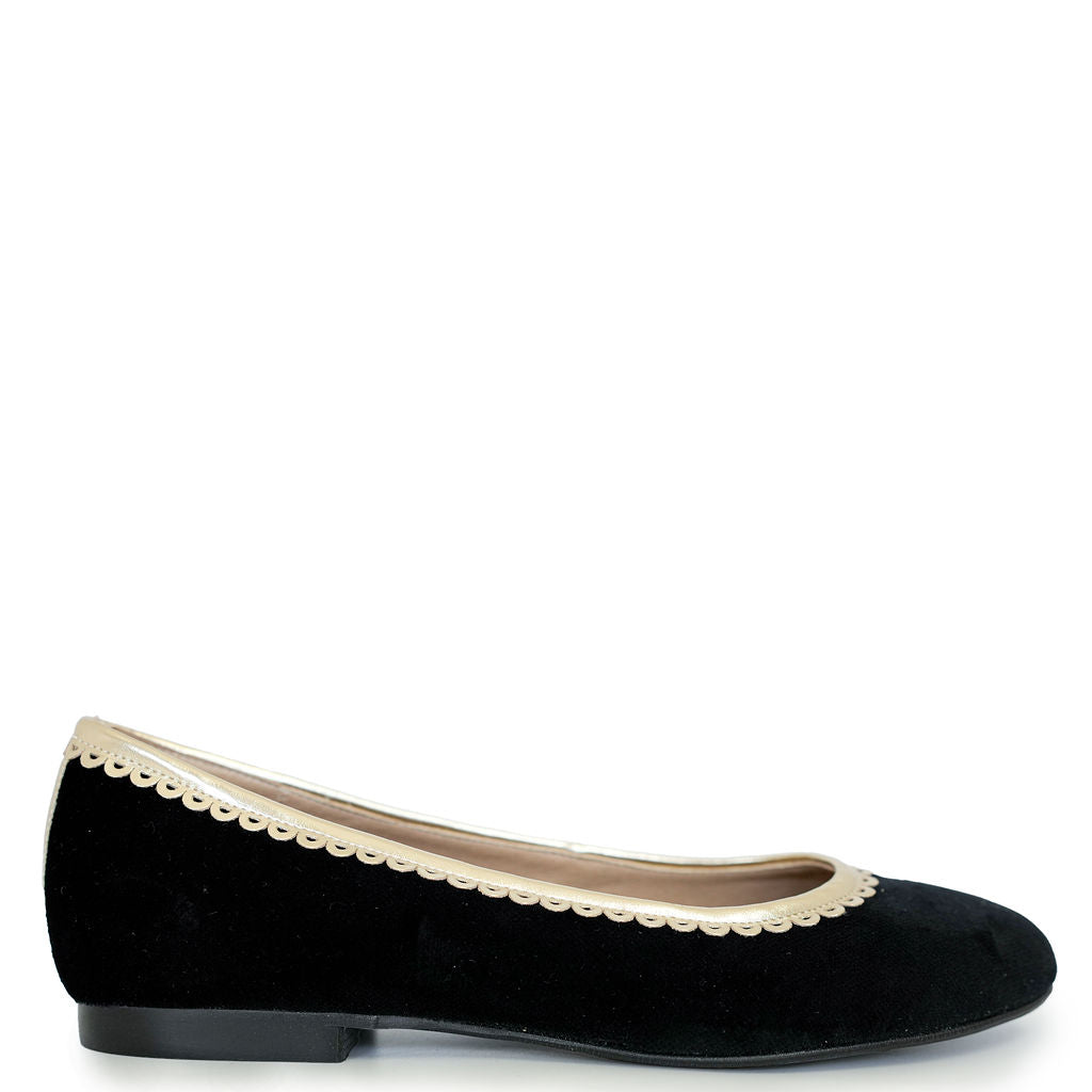 Spain+Co Black Velvet and Gold Scalloped Flat Shoes - Elegant Women's Ballet Flats for Casual Wear, Office & Special Occasions
