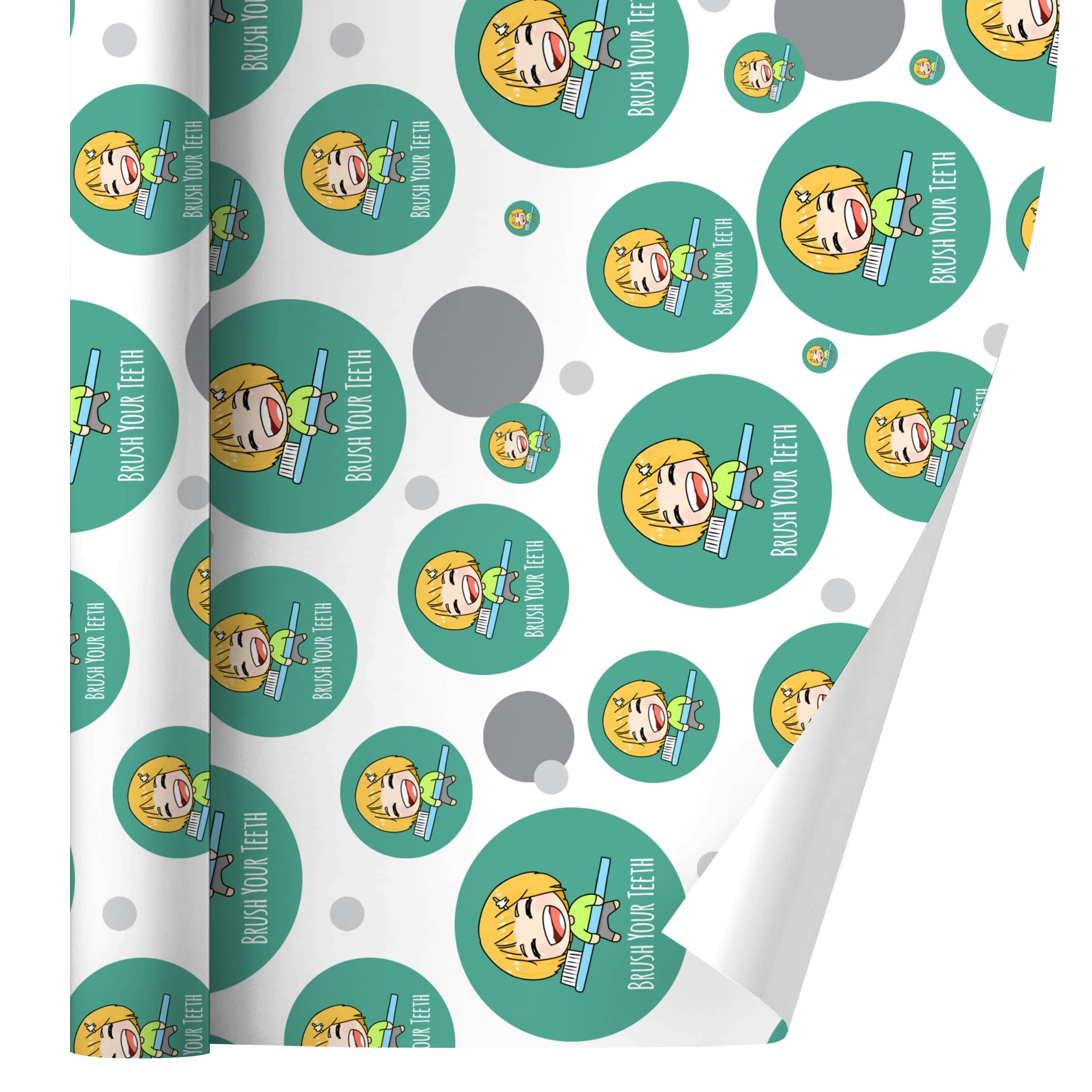 Kawaii Chibi Toothbrush Design Gift Wrap Paper Roll - Cute Dental Hygiene Themed Wrapping for Birthdays, Party Favors & Dental Awareness Events
