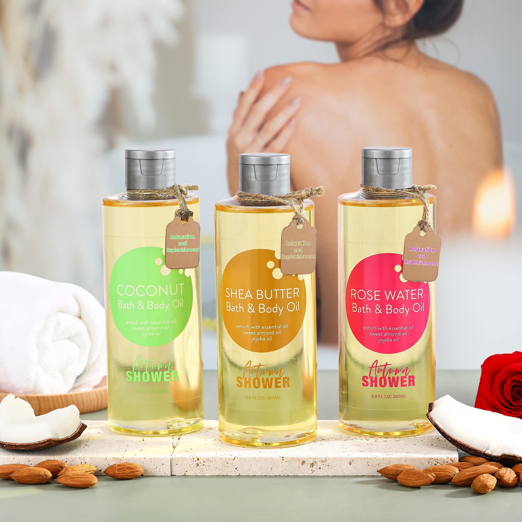 Organic Bath & Body Oil with Sweet Almond, Jojoba & Shea Butter - Hydrating Coconut & Rose Water Blend - 26.4 fl oz (3-Pack) - Moisturizing Treatment for Dry Skin & Hair - Perfect Mother's Day Gift & Spa Day Essential
