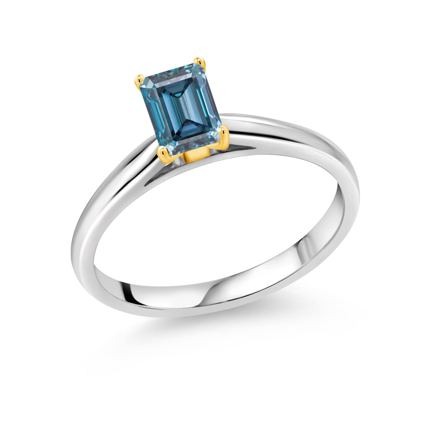 10K White Gold Ring with Yellow Gold Prongs & Persian Blue Octagon Moissanite (1.00 CTTW) - Elegant Gemstone Jewelry for Women, Perfect for Engagement, Wedding, Anniversary Gifts | Gem Stone King