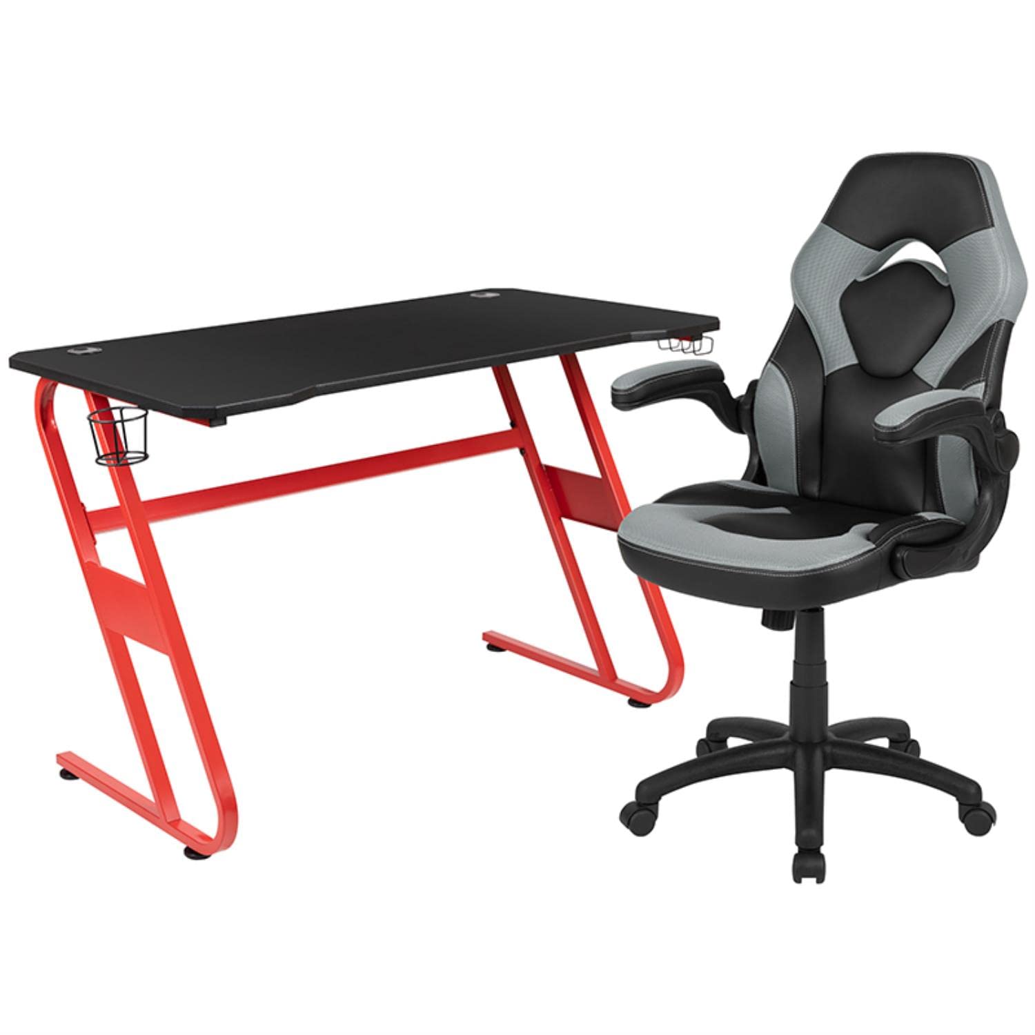 Flash Furniture Red Gaming Desk & Gray/Black Racing Chair Set with Cup Holder, Headphone Hook - Perfect for Esports, Streaming & Home Office Gaming Setup