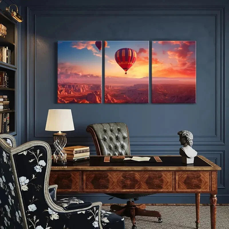 3pcs Hot Air Balloon Landscape Wall Art Set - Sunset Glow Sky Canvas Prints 50x70cm Framed | High Quality Australian Made | Perfect for Living Room, Bedroom & Office Decor