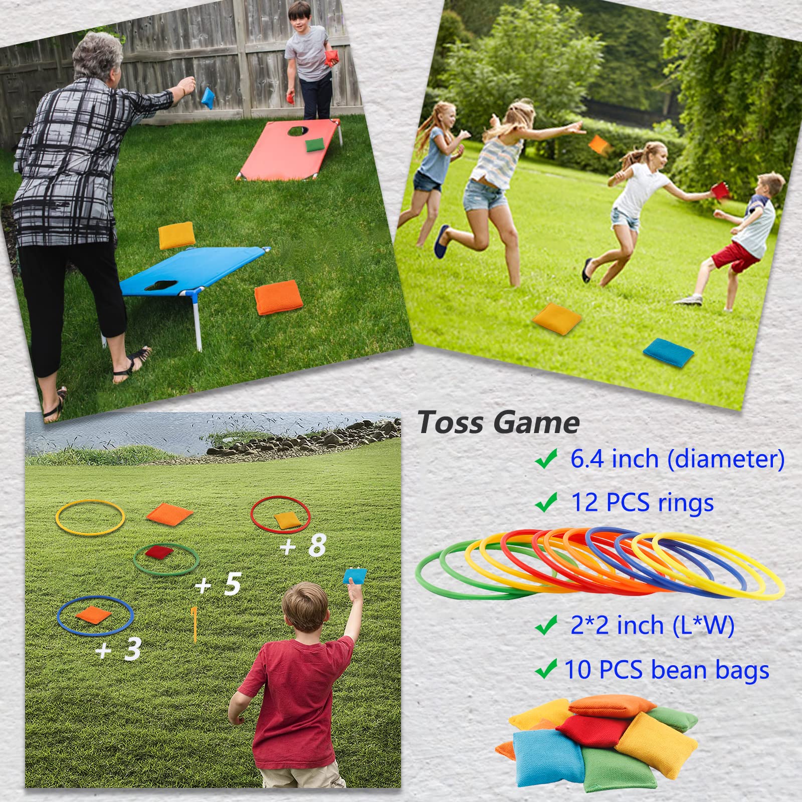 40-Piece 4-in-1 Outdoor Yard Games Set for Kids & Adults - Includes Pop & Catch Ball, Bean Bag Toss, Ring Toss & Soft Plastic Cone Games - Perfect for Backyard Parties, Camping Trips, Family Reunions & Indoor Play