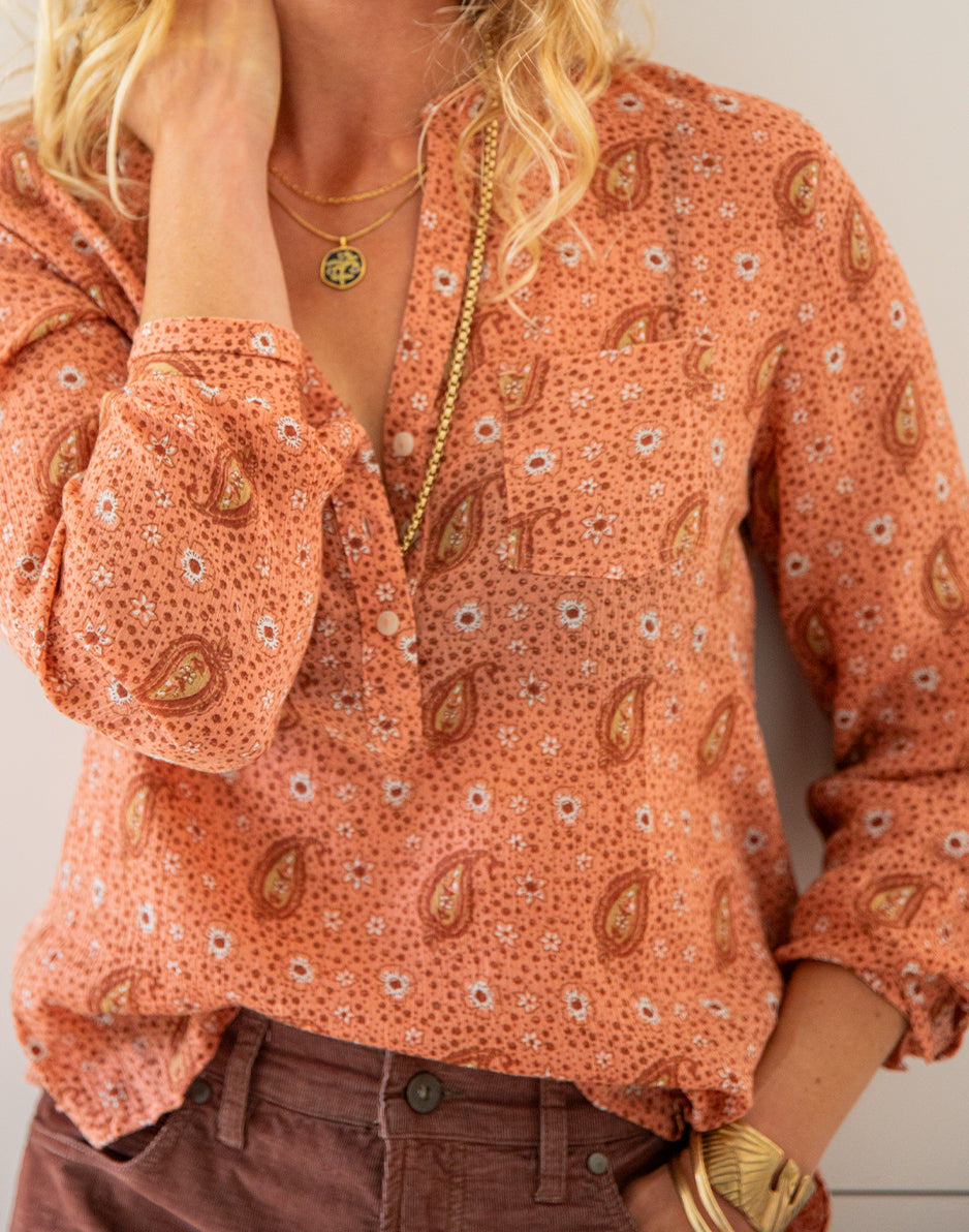 Dylan Gauze Shirt: Light Henna Paisley Print - Breathable Summer Top for Women, Beach Cover-Up, Boho Festival Outfit