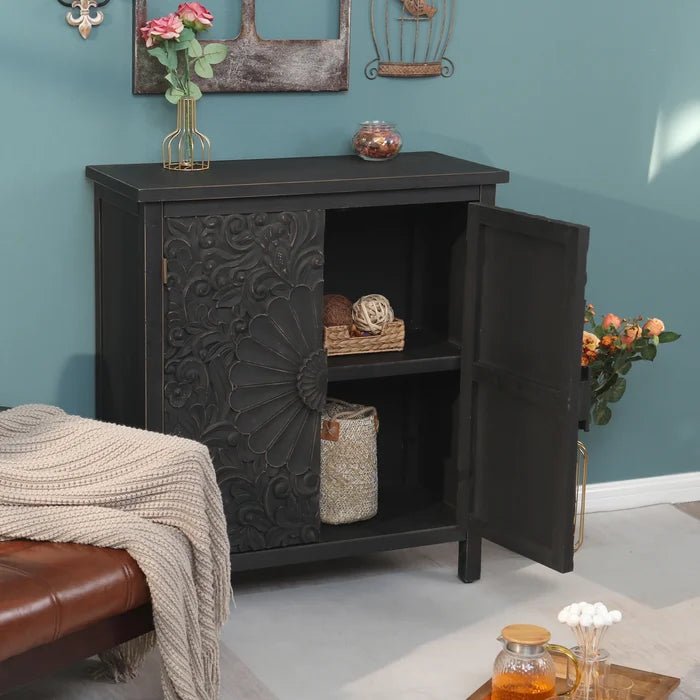 Hand Carved Black Wooden Sideboard Cabinet - Natural Solid Wood Buffet Storage for Dining Room, Living Room & Entryway