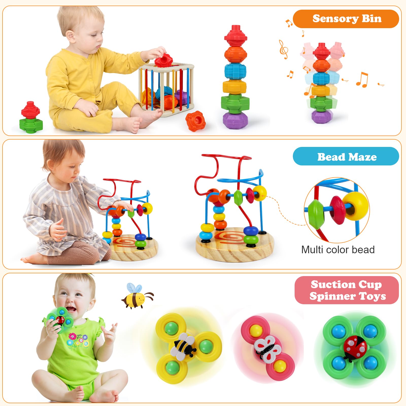 Montessori Baby Toys 6-12 Months - 6-in-1 Sensory Learning Toy with Stacking Blocks, Bead Maze & Teether for Toddlers 1-3 Years | Early Education Developmental Toy for Boys & Girls | Perfect for Daycare, Playtime & First Birthday Gifts