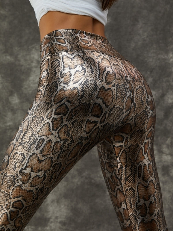 ZASUWA Women's Super Stretchy Faux Leather Black Snake Print Leggings - High Waist Yoga Pants for Workout, Fitness & Fashion