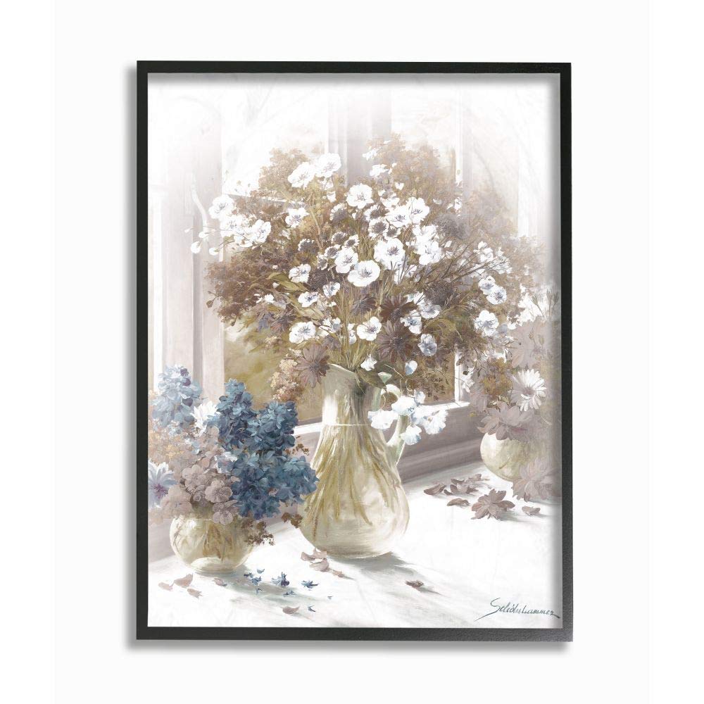 Vintage Sepia Flower Vase Wall Art Painting - 16x20 Black Framed Canvas Print by Heinz Scholnhammer - Home Decor for Living Room, Bedroom & Office