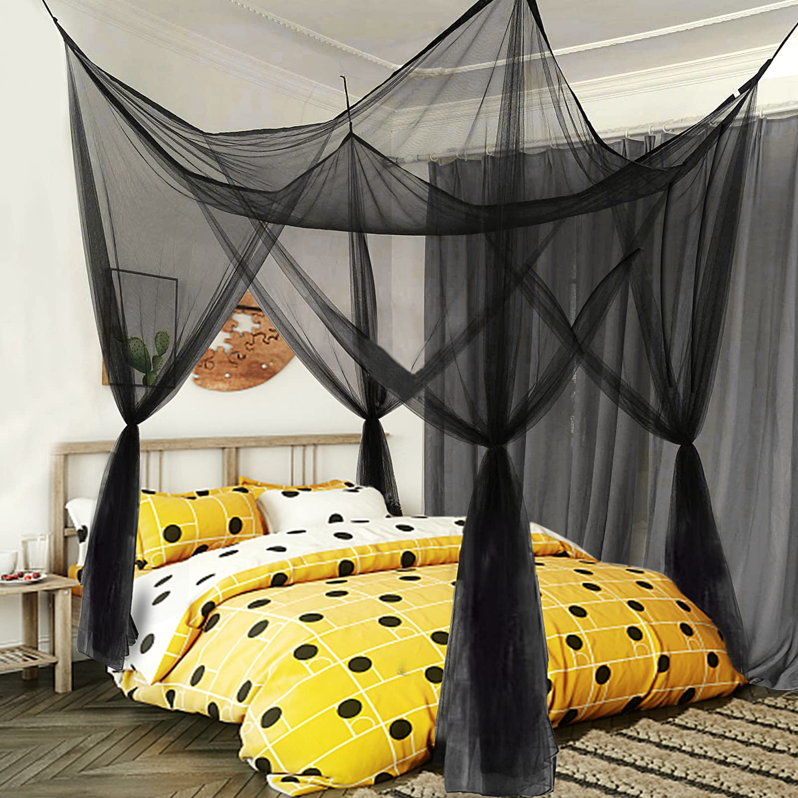 Queen Bed Canopy Tent - Black Mesh Netting for Girls & Adults - Bedroom Decor