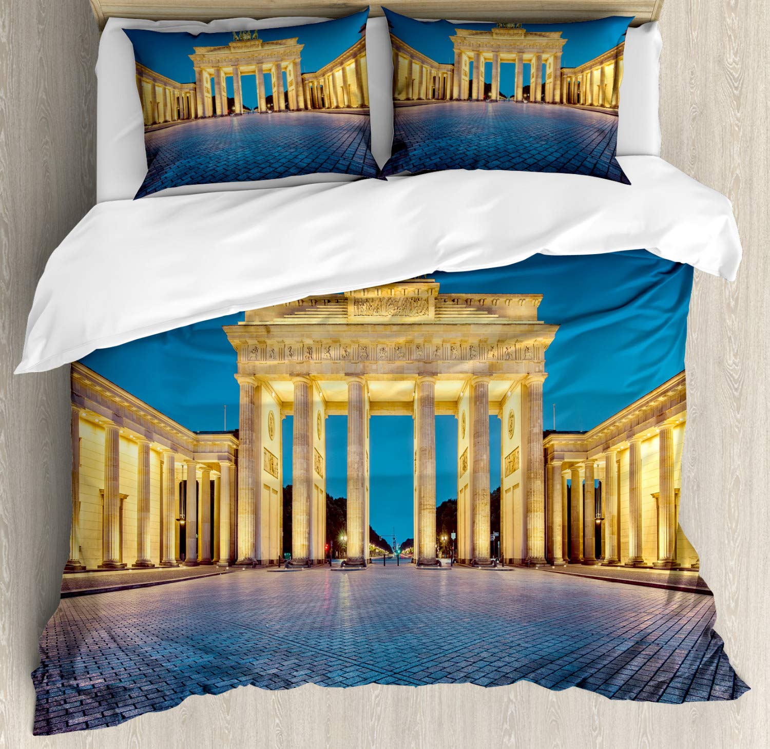 Ambesonne Travel Duvet Cover Set - Classic Brandenburg Gate Germany Landmark Design, 3 Piece Bedding Set with 2 Pillow Shams, California King Size, Blue Yellow Pink - Perfect for Home Decor, Guest Rooms & Travel Themed Bedrooms