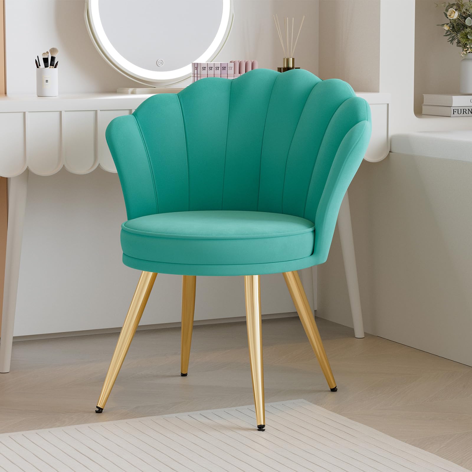 Velvet Accent Chair with Gold Metal Legs - Upholstered Makeup Vanity Chair, Living Room Guest Chair & Bedroom Side Chair in Cyan Blue - Perfect for Dressing Rooms, Lounge Areas & Home Decor