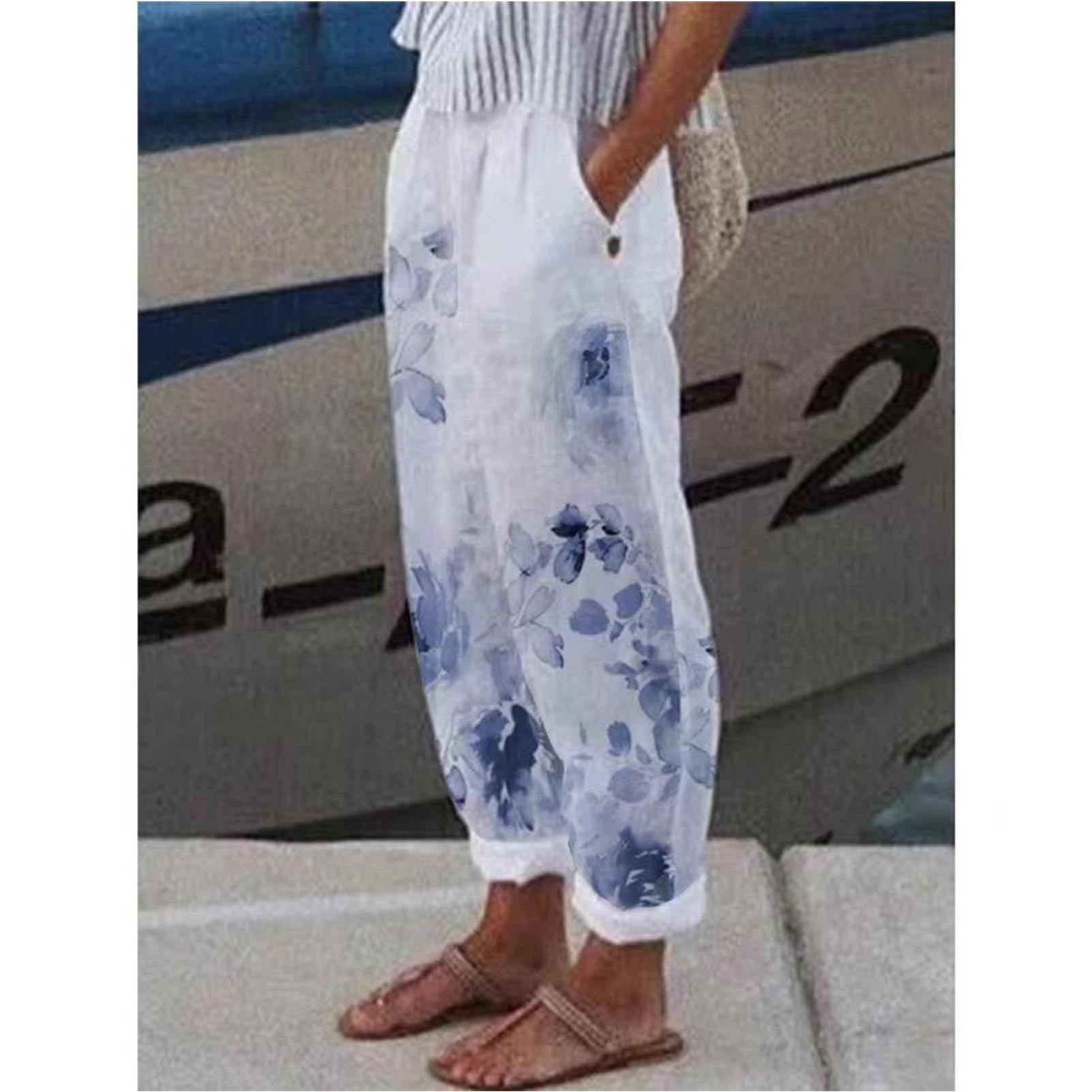 Women's Casual Cotton Linen Floral Printed Elastic Waist Cropped Pants with Pockets | Summer Boho Trousers for Travel, Beach & Everyday Wear