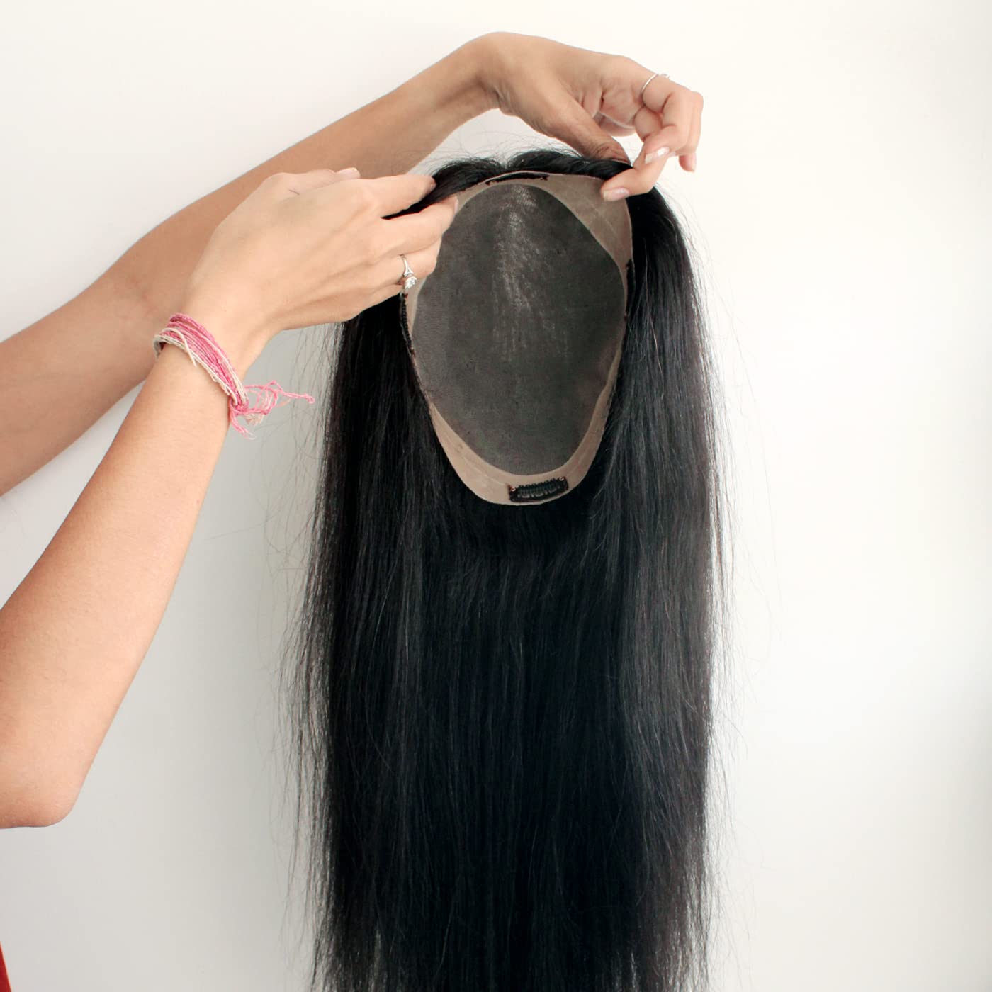 Majik Monofilament Human Hair Topper for Women & Girls - 9x6 Inch Black Hair Patch - 16-18 Inch Length - Natural Look for Thinning Hair - Includes Free Hair Brush with Clips - Perfect for Daily Wear & Special Occasions