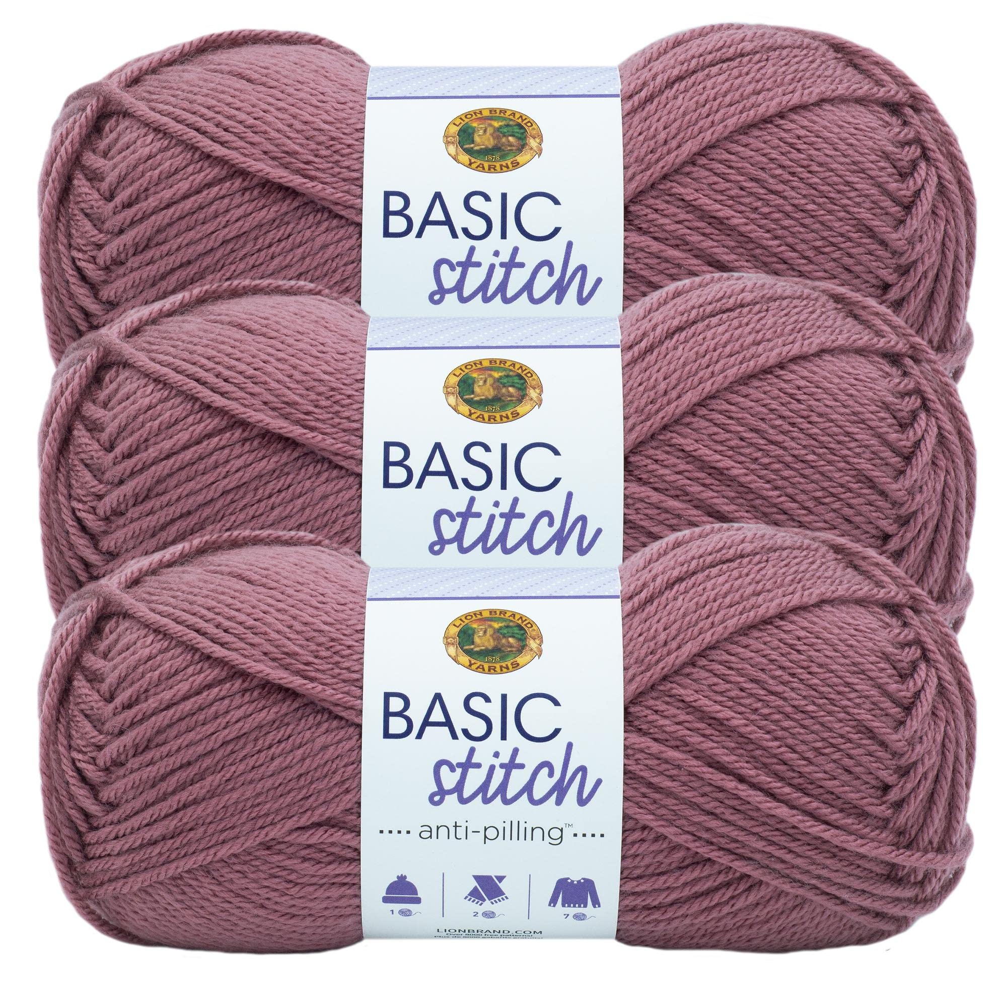 Lion Brand Yarn Basic Stitch Anti-Pilling Knitting & Crochet Yarn - 3-Pack Deco Rose | Soft & Durable for Scarves, Blankets, Hats & DIY Crafts
