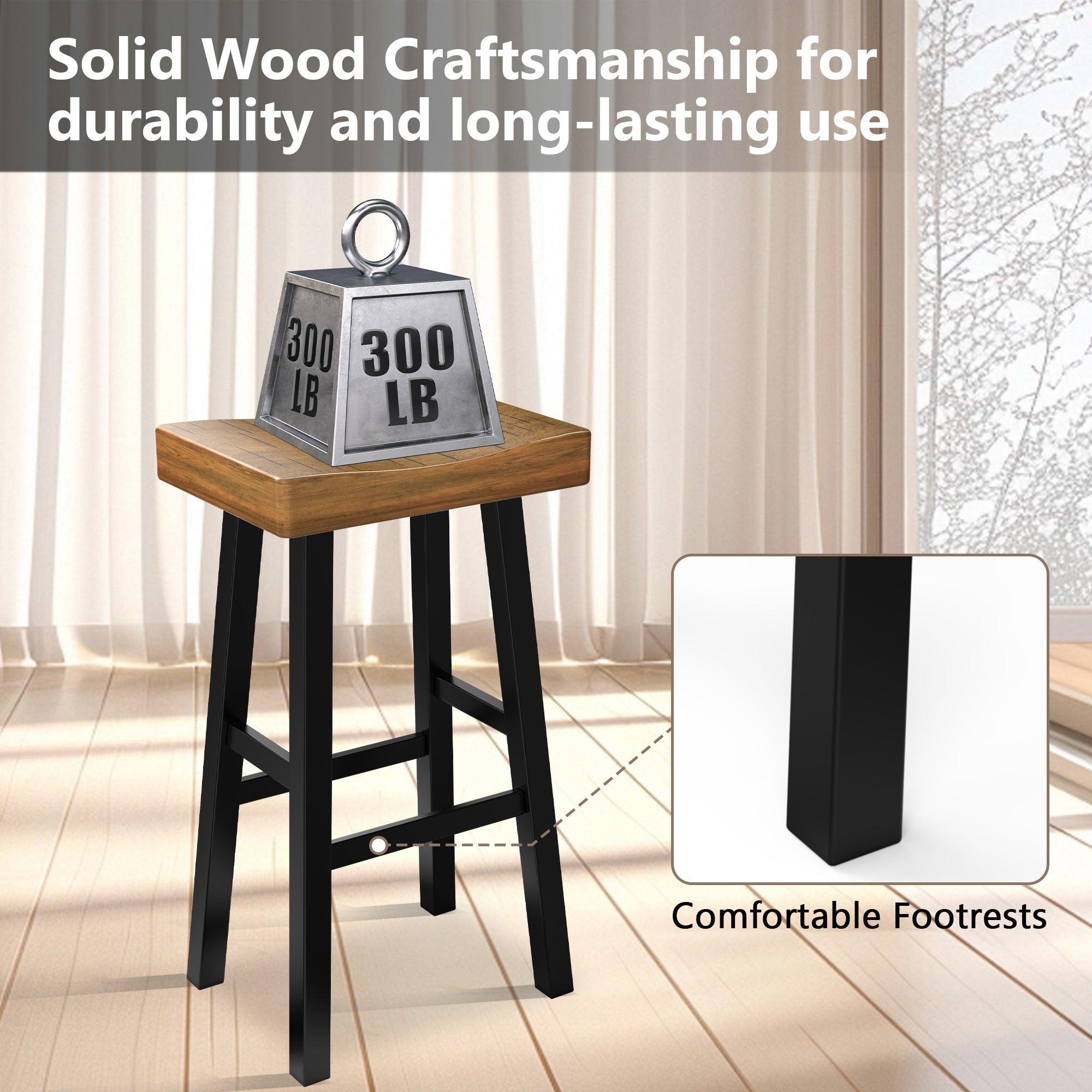 Set of 2 Farmhouse Solid Wood Bar Stools - Backless Saddle Seat Counter Height Chairs for Kitchen Island, Breakfast Nook & Home Office - Perfect for Rustic Decor, Dining & Small Space Living