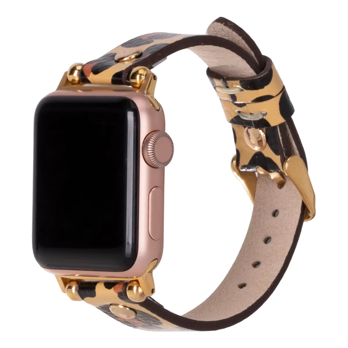 Leopard Print Genuine Leather Ultra Slim Apple Watch Band with Gold Rivets - Stylish & Durable for Workouts, Office & Everyday Wear