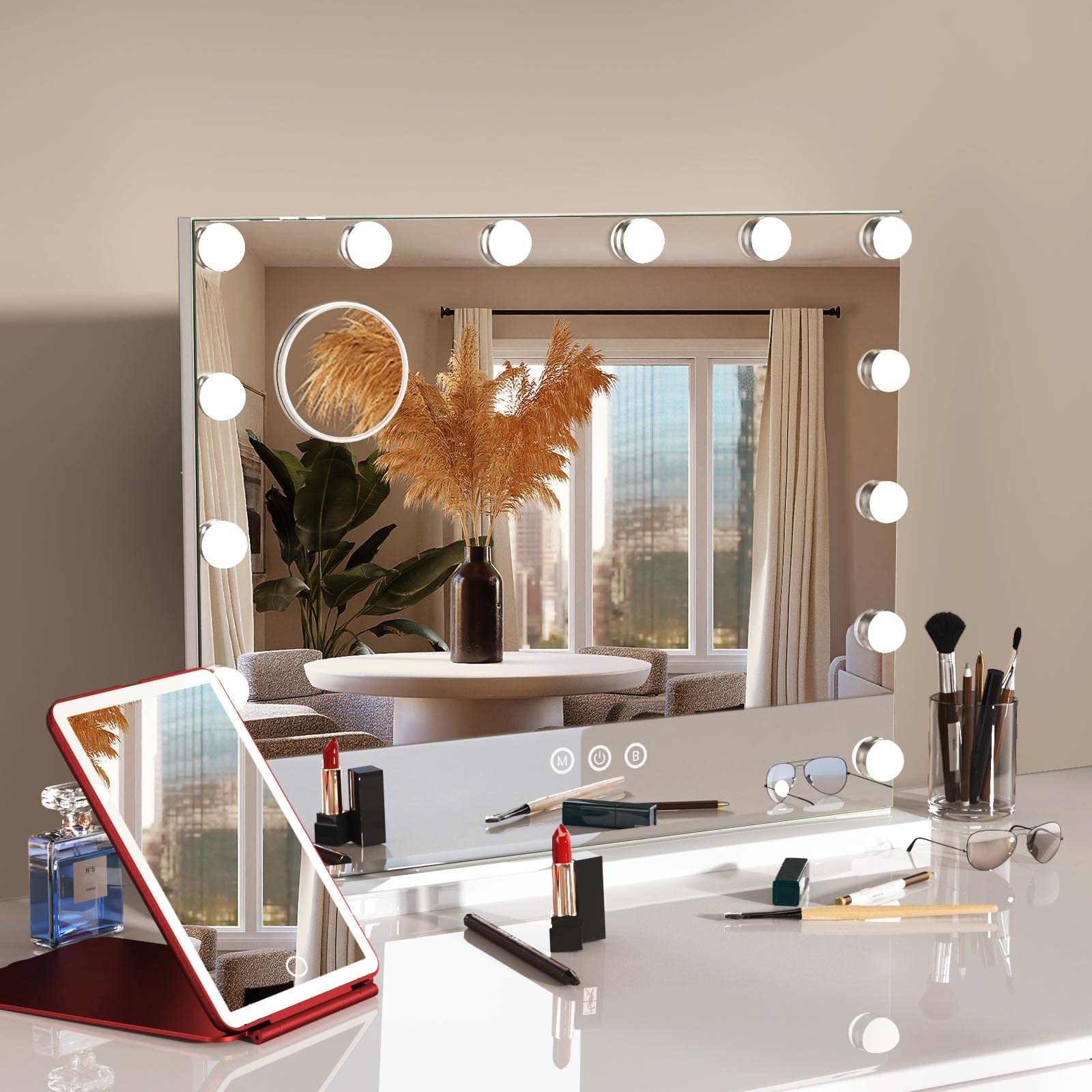 Hollywood Style Vanity Mirror with Lights - 3 Lighting Modes, Dimmable Touch Screen & 14 LED Bulbs (Includes Travel Mirror) for Makeup, Skincare & Dressing Room