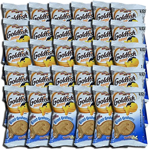 Tribeca Curations Giant Grahams Shaped Vanilla Goldfish Crackers - 0.9 Oz (Pack of 30) with Free Tribeca Mints - Perfect for School Lunches, Snack Time & Party Favors