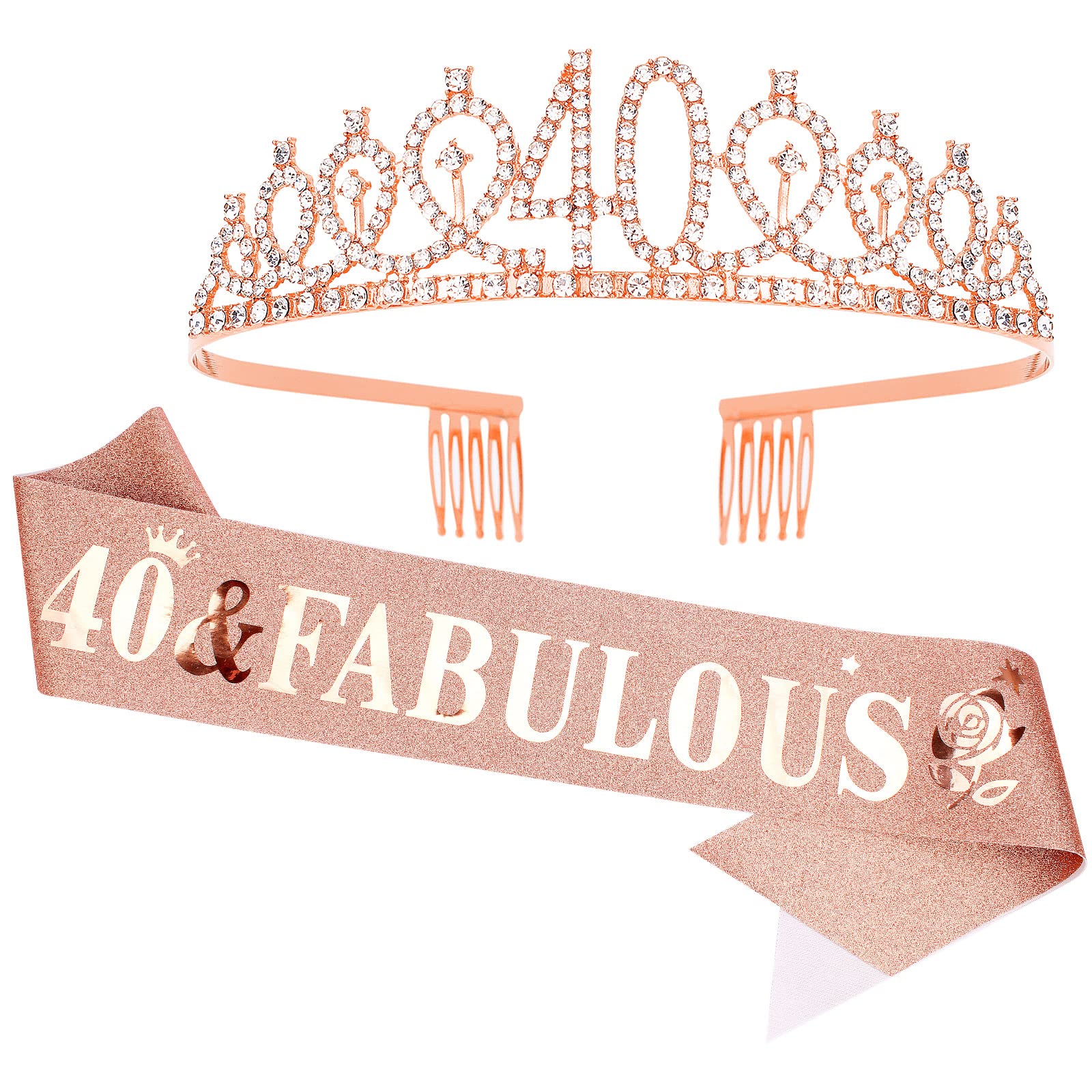 Casoty 40 & Fabulous Hairband and Tiara Set - Rose Gold Birthday Crown for Women | 40th Birthday Party Decorations, Gifts for Women, Bridal Shower Accessories | Perfect for Birthday Celebrations, Girls' Night Out, and Special Occasions
