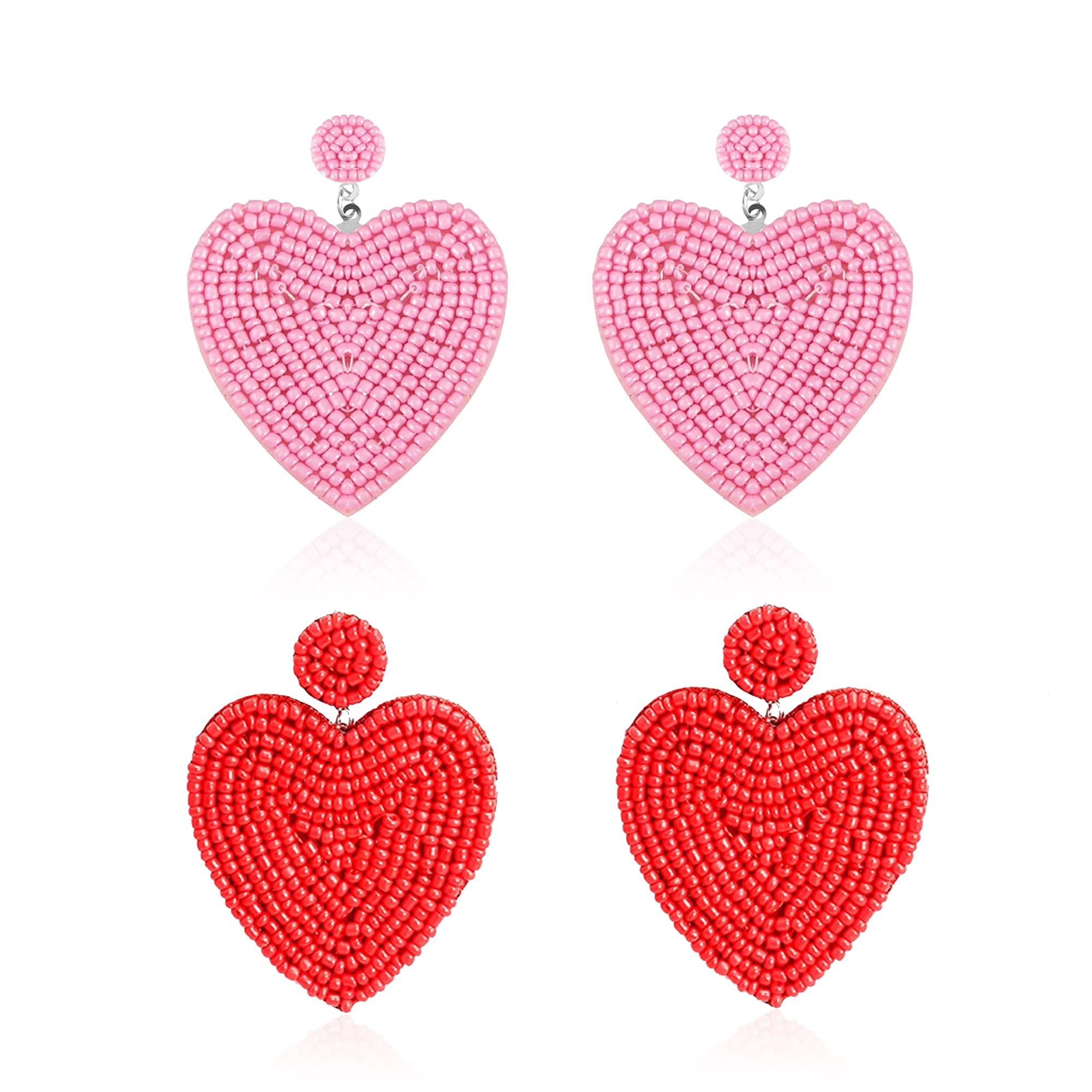 2 Pairs Handmade Bohemian Seed Bead Heart Hoop Dangle Earrings - Red & Pink Drop Earrings for Women | Perfect for Festivals, Parties & Boho Fashion Accessories