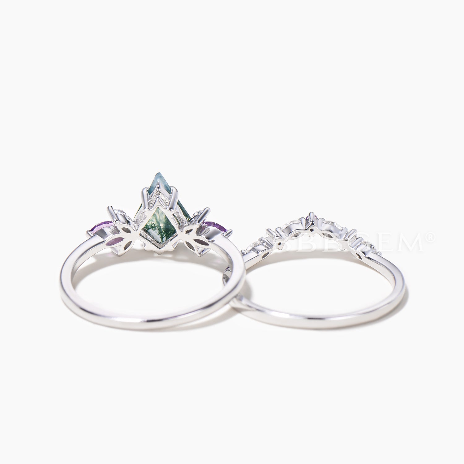 Natural Moss Agate Kite Bridal Ring Set with Moissanite & Amethyst Accents – Vintage-Inspired Wedding Band for Engagement, Anniversary, or Special Occasion Gift