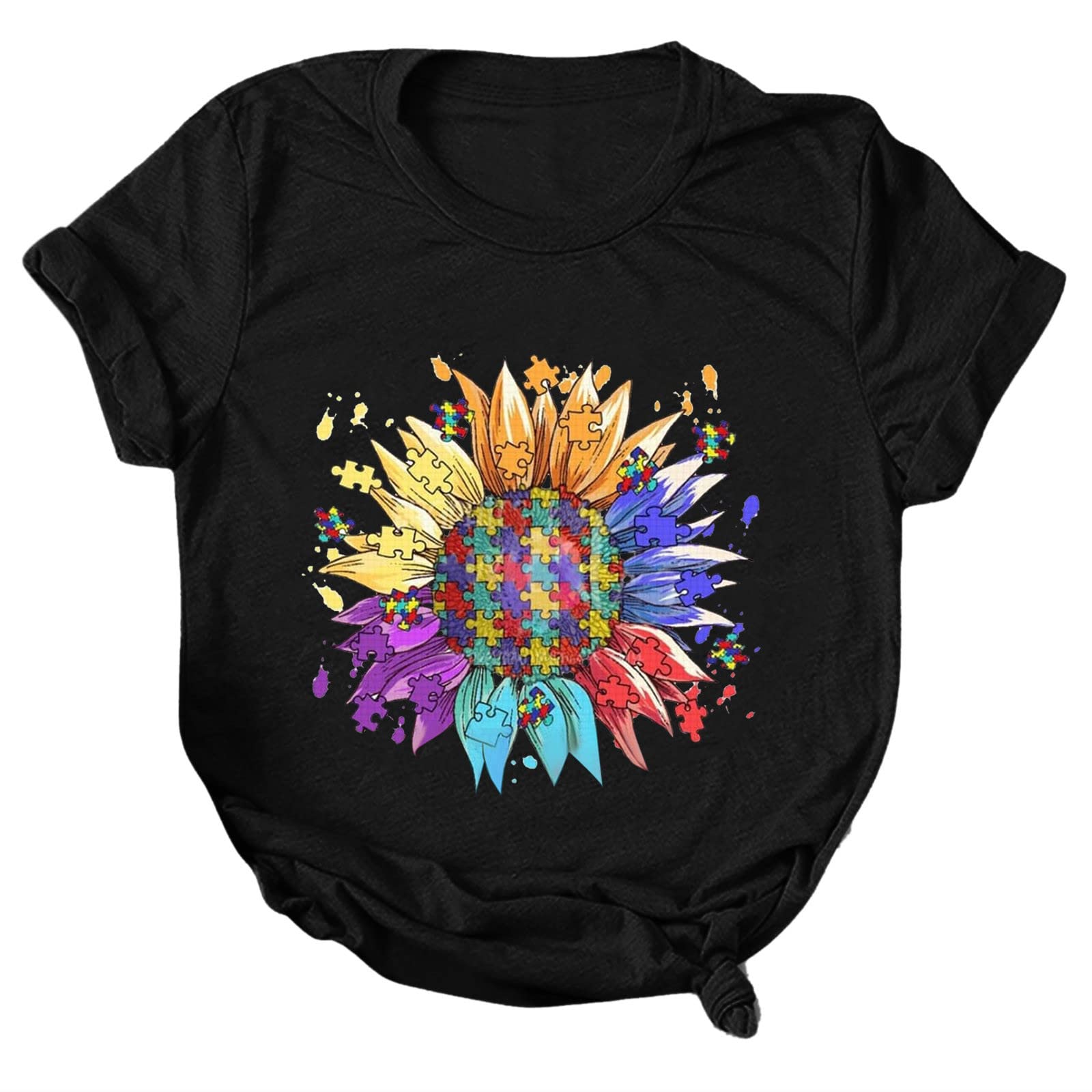 Women's Casual Sunflower Print Round Neck Short Sleeve T-Shirt - Loose Fit Tunic Top for Summer Outfits & Beach Wear