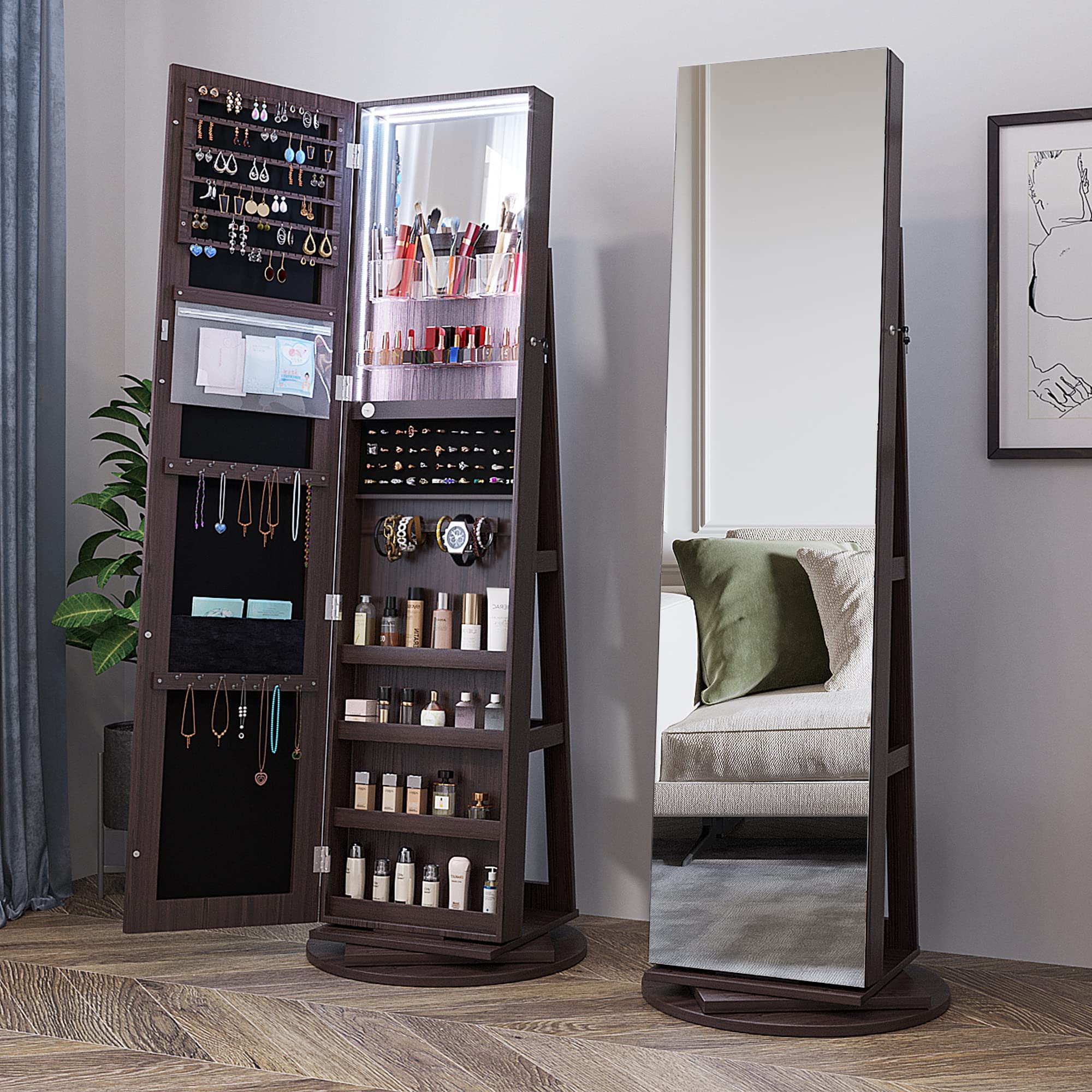Full Length Mirror Jewelry Armoire with LED Lights - Lockable Standing Jewelry Cabinet with 360° Swivel Mirror & Storage Organizer | Perfect Gift for Women & Girls | Bedroom, Dressing Room, Closet Organization
