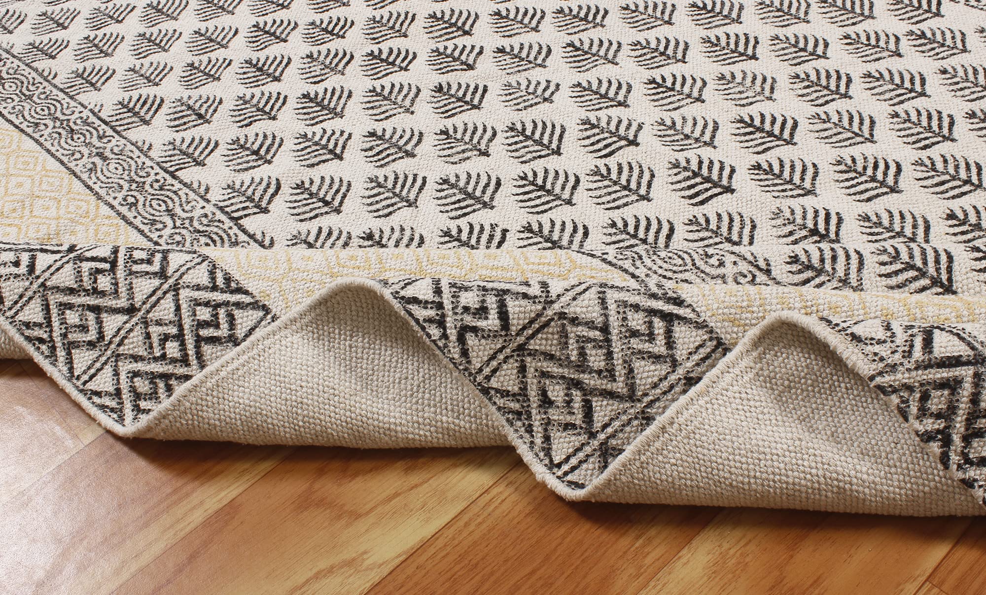 Bohemian Area Rug - Handmade Yellow & Black Cotton Rug with Tassels | Hand Block Printed Floral Design | Easy Washable 8x8 Feet Square (240x240 cm) for Living Room, Bedroom, Laundry Room & Entryway | Perfect for Boho Home Decor & Cozy Spaces