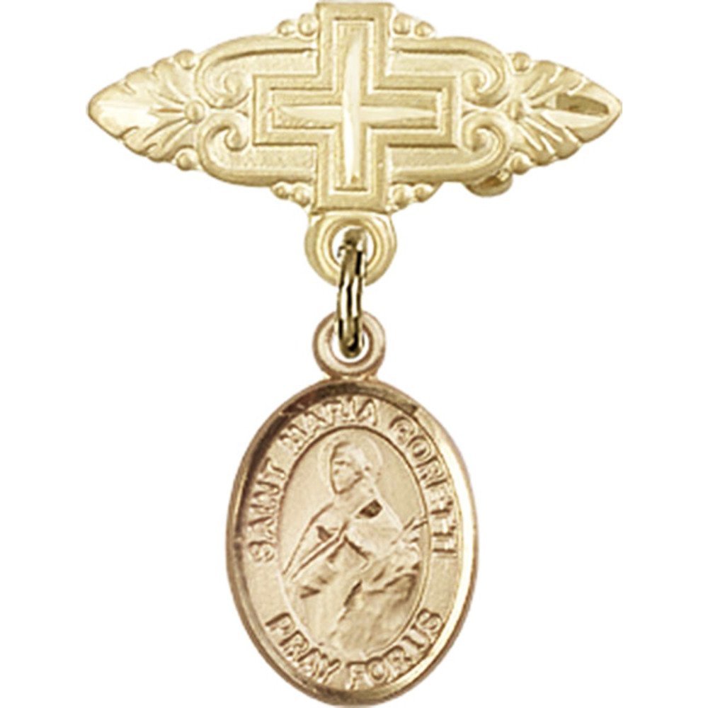 St. Maria Goretti Gold Filled Baby Badge with Cross Charm - 1 X 3/4 Inch Religious Pin for Baptism, First Communion & Catholic Gifts
