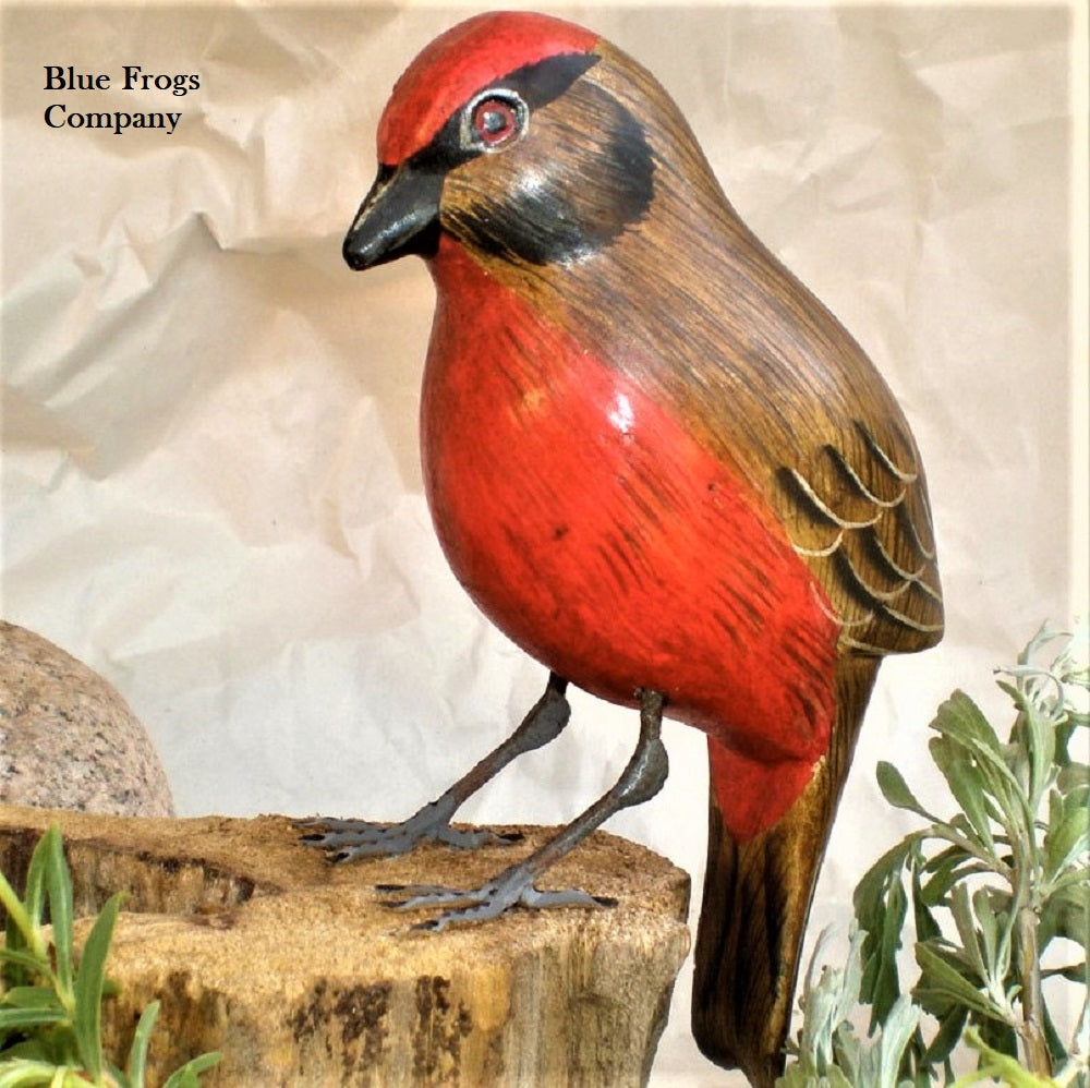 Blue Frogs Company Vermillion Flycatcher Bird Sculpture - Handcrafted Home Decor for Living Room, Office & Garden - #B24