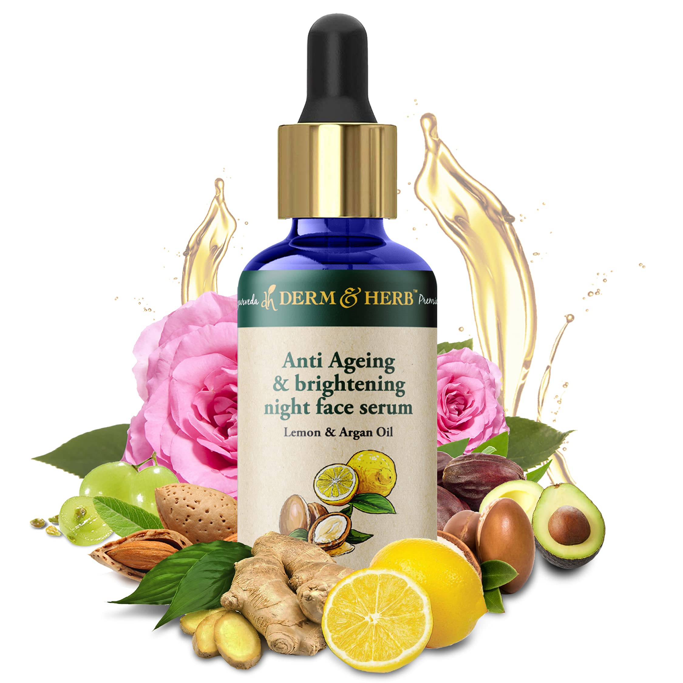 Derm & Herb Anti-Aging Vitamin C Serum for Glowing Skin - Wrinkle Reduction & Skin Tightening Face Serum | Lightweight Oil-Free Formula | 30ml | Night Use for Men & Women | Perfect for Dry, Dull Skin & Evening Skincare Routine