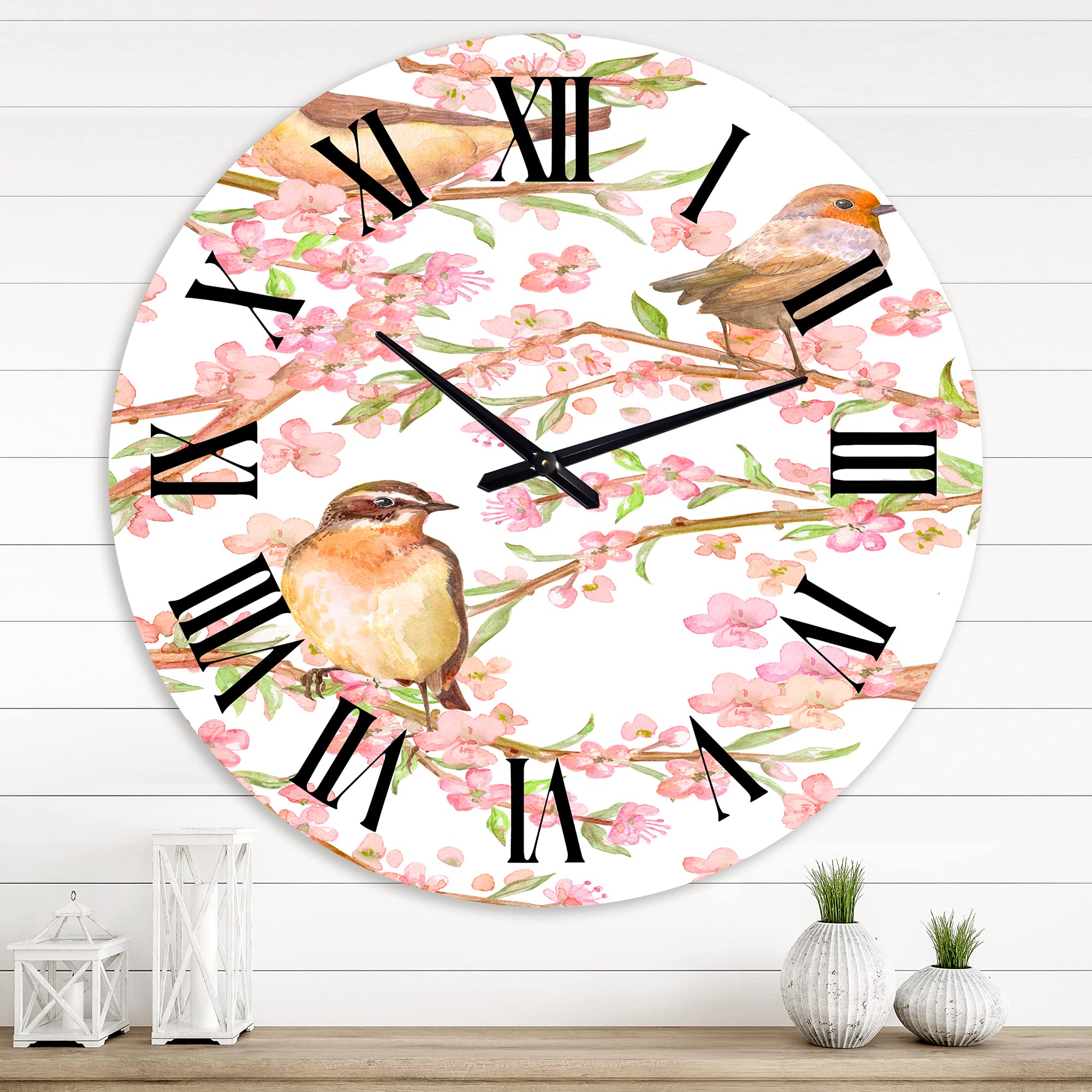 DesignQ Traditional Wall Clock - Large Decorative Clock with Flowering Almond Branches & Birds for Bedroom, Living Room, Office | Perfect Home Decor Gift
