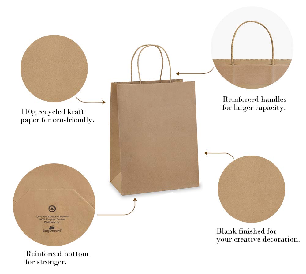 100Pcs Brown Kraft Paper Gift Bags with Handles 8x4.25x10.5 Inches - Bulk Wedding, Party Favor & Retail Merchandise Bags | Eco-Friendly Grocery Shopping, Gift Wrapping & Event Decorations