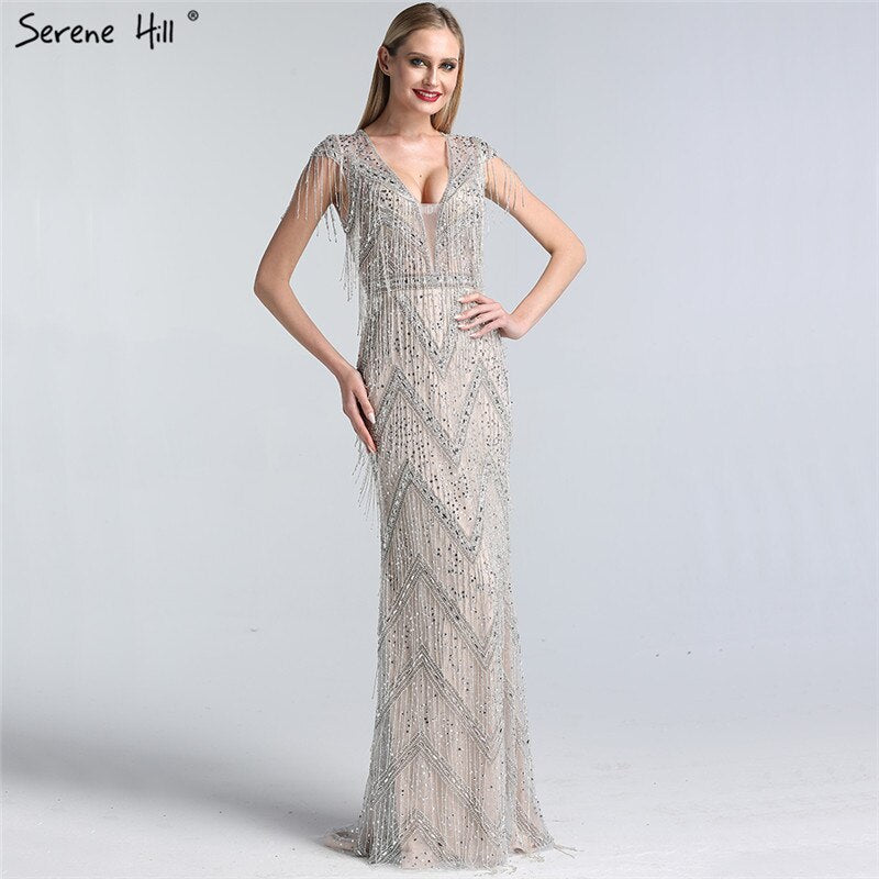 Elegant Silver Beaded Tassel Mermaid Evening Gown for Women - 2025 Luxury Cap Sleeve Party Dress (LA60830) | Perfect for Prom, Gala, Wedding & Formal Events