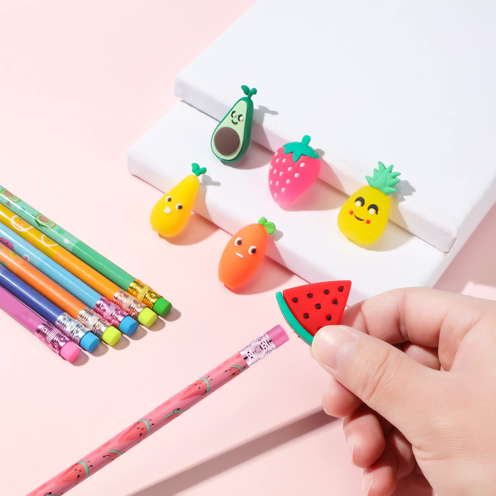 Leinuosen 30-Pack Scented Cartoon Fruit Pencil Toppers with 12 Erasers - Fun School Supplies for Kids Classroom & Homework Organization