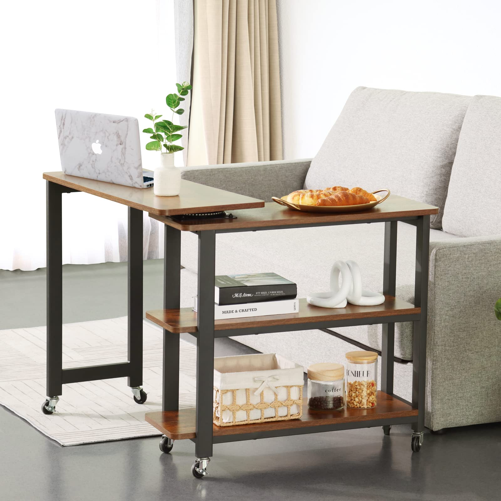 360° Rotating Side Table for Couch with 2-Tier Storage Shelves - Sturdy Metal Frame Laptop Table - Rustic Brown End Table for Living Room, Bedroom & Office Use