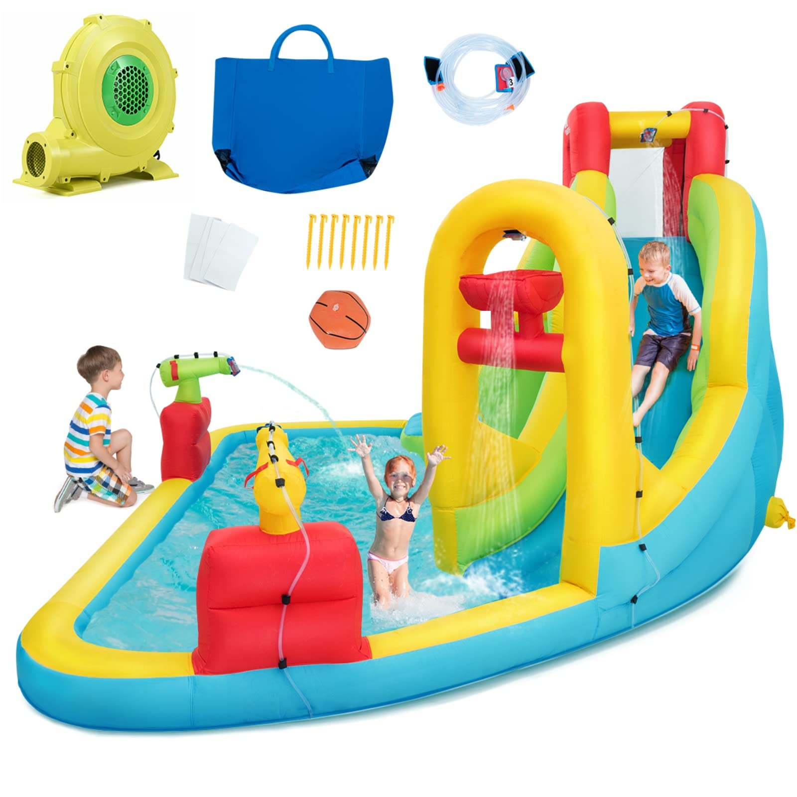 **BOUNTECH Inflatable Water Slide for Kids & Adults - Mega Waterslide Park with 480W Blower, Climbing Wall & Water Basin - Backyard Outdoor Party Fun for Family, Summer, Birthdays & Events**