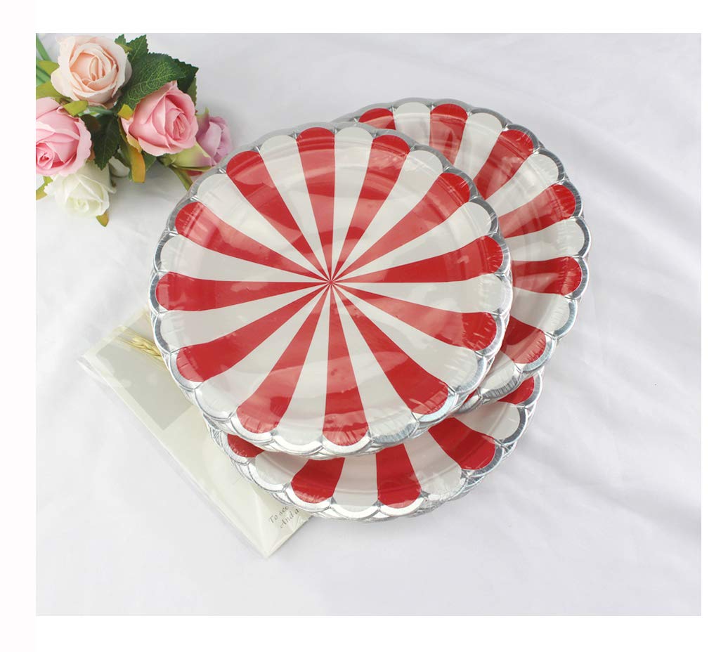 7 Inch Red Striped Round Paper Plates - 24 Count Biodegradable Decorative Party Plates for Birthday, Christmas, Thanksgiving, Graduation & Holiday Celebrations - Perfect for Parties, Picnics & Family Gatherings