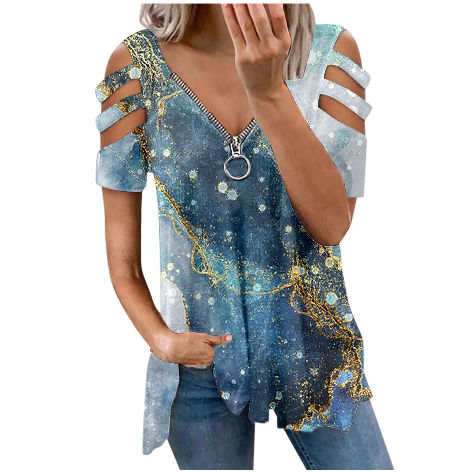 CUCUHAM Women's Casual Short Sleeve T-Shirt - Loose Fit Printed Blouse with Zipper Detail | Perfect for Summer Outfits, Beach Wear & Everyday Fashion