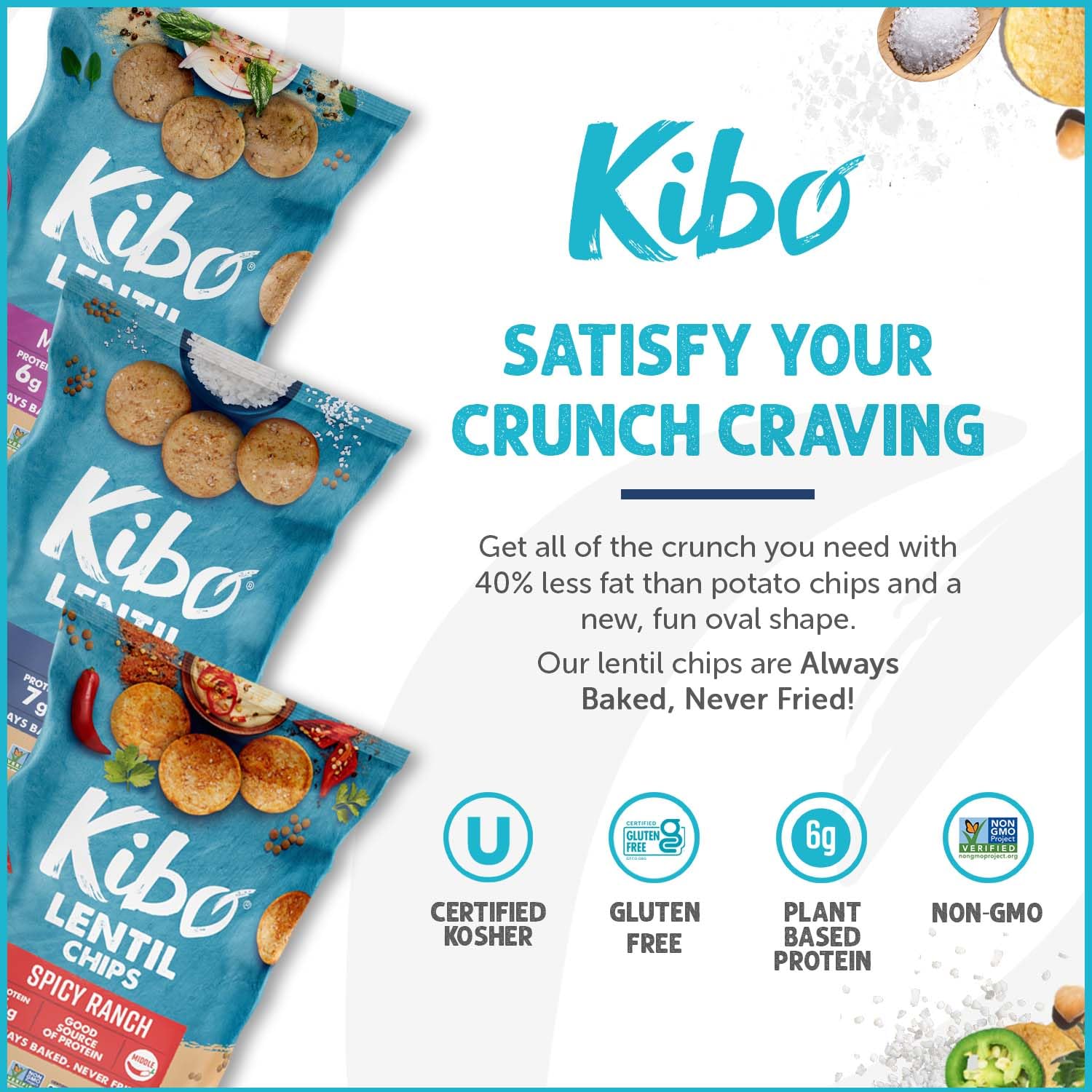 Kibo Lentil Chips Variety Pack - Gluten-Free, Vegan, Non-GMO, Plant-Based Snacks - Maui Onion, Sea Salt & Spicy Ranch Flavors - Made with Real Vegetables - 28g (6 Pack) - Perfect for Healthy Snacking, Parties & On-the-Go Nutrition