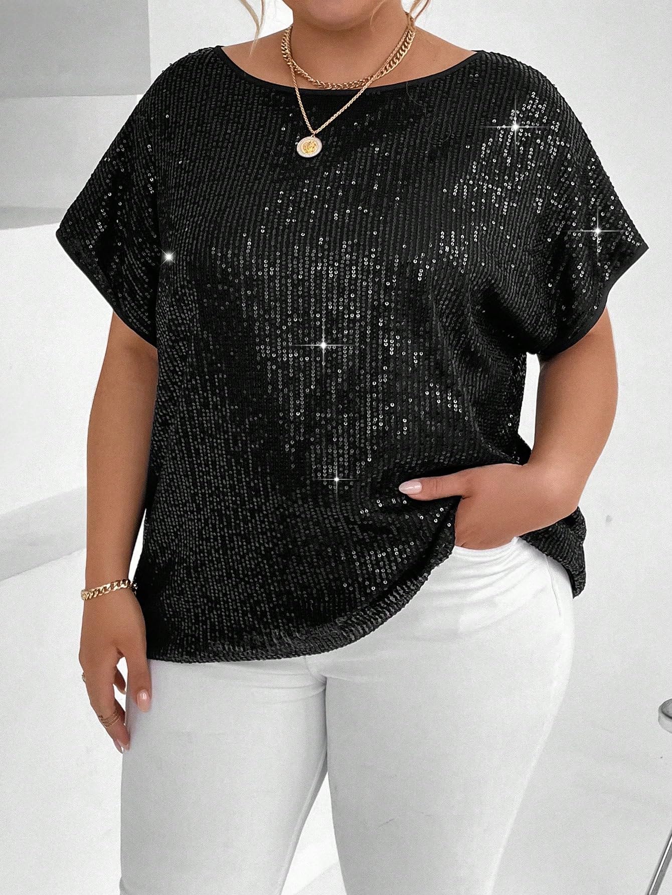 WDIRARA Women's Plus Size Sequin Sparkly Dolman Short Sleeve T-Shirt - Glam Party Top for Night Out, Club Wear & Special Occasions