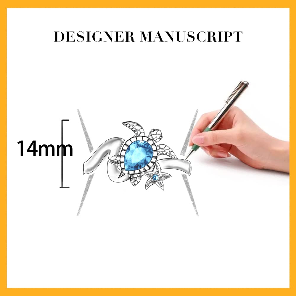 Wave Sea Turtle Ring Sterling Silver with Sapphire & Blue Zircon - Ocean Themed Jewelry for Women (Sizes 6-10) | Perfect Gift for Sister, Friend & Mom | Beach Wedding, Anniversary & Boho Fashion Accessory