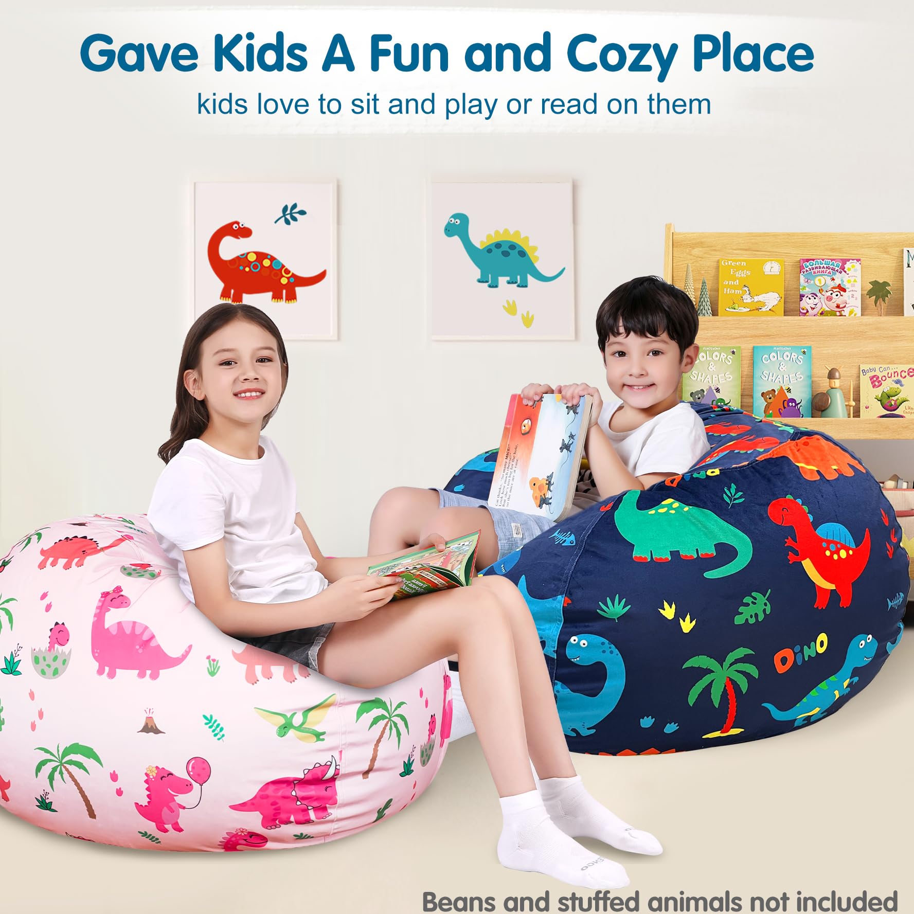 **Lukeight Large Dinosaur Navy Stuffed Animal Storage Bean Bag Chair Cover for Kids - Organize Toddler & Kids' Rooms with Plush Toy Storage - Perfect for Playrooms, Bedrooms & Daycare Centers**