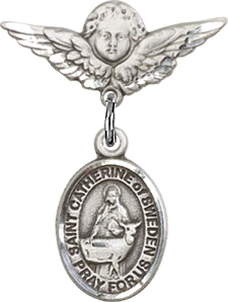 Sterling Silver Baby Badge with St. Catherine of Sweden Charm & Angel Wing Pin - Religious Jewelry for Christening, Baptism & First Communion Gifts