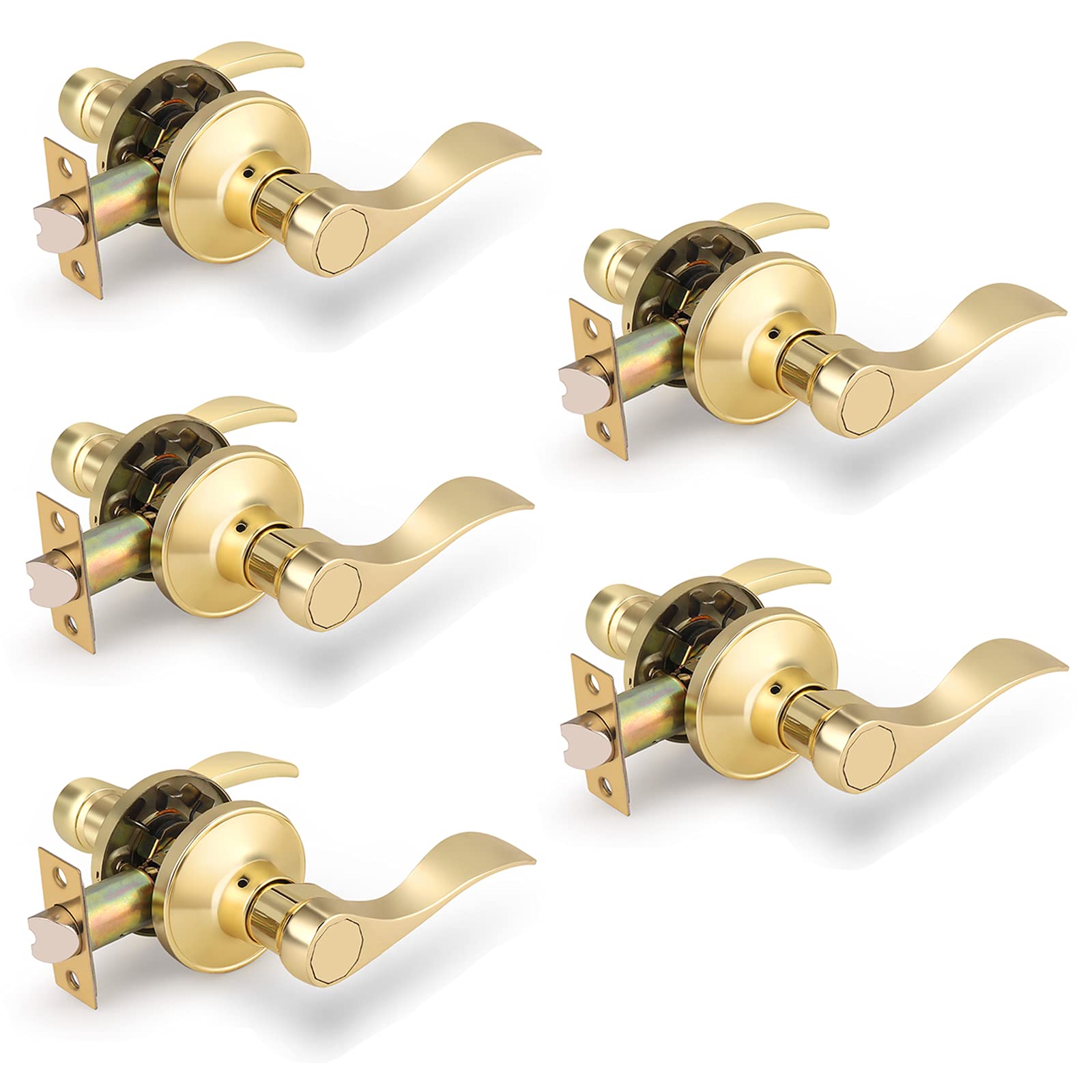 5-Pack Polished Brass Wave Passage Levers - Reversible for Left/Right Handed Doors - Perfect for Hall Closets, Bedrooms & Interior Doors