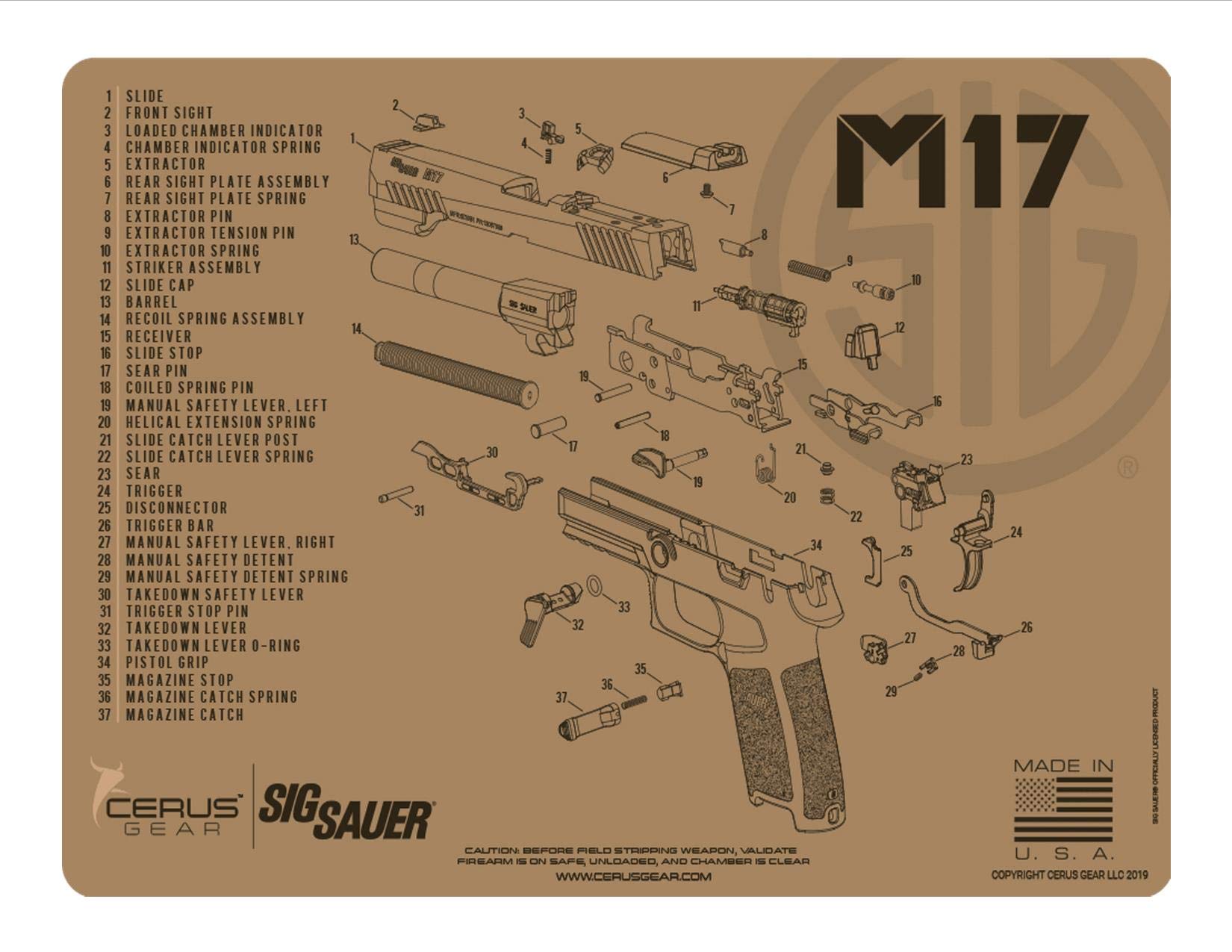 **EDOG M17 Gun Cleaning Mat - Tan Schematic Diagram for Sig Sauer M17 Pistol | 3mm Padded, Oil & Solvent Resistant | Protects Firearms, Magazines & Workbench | Perfect for Gun Maintenance & Cleaning Sessions**