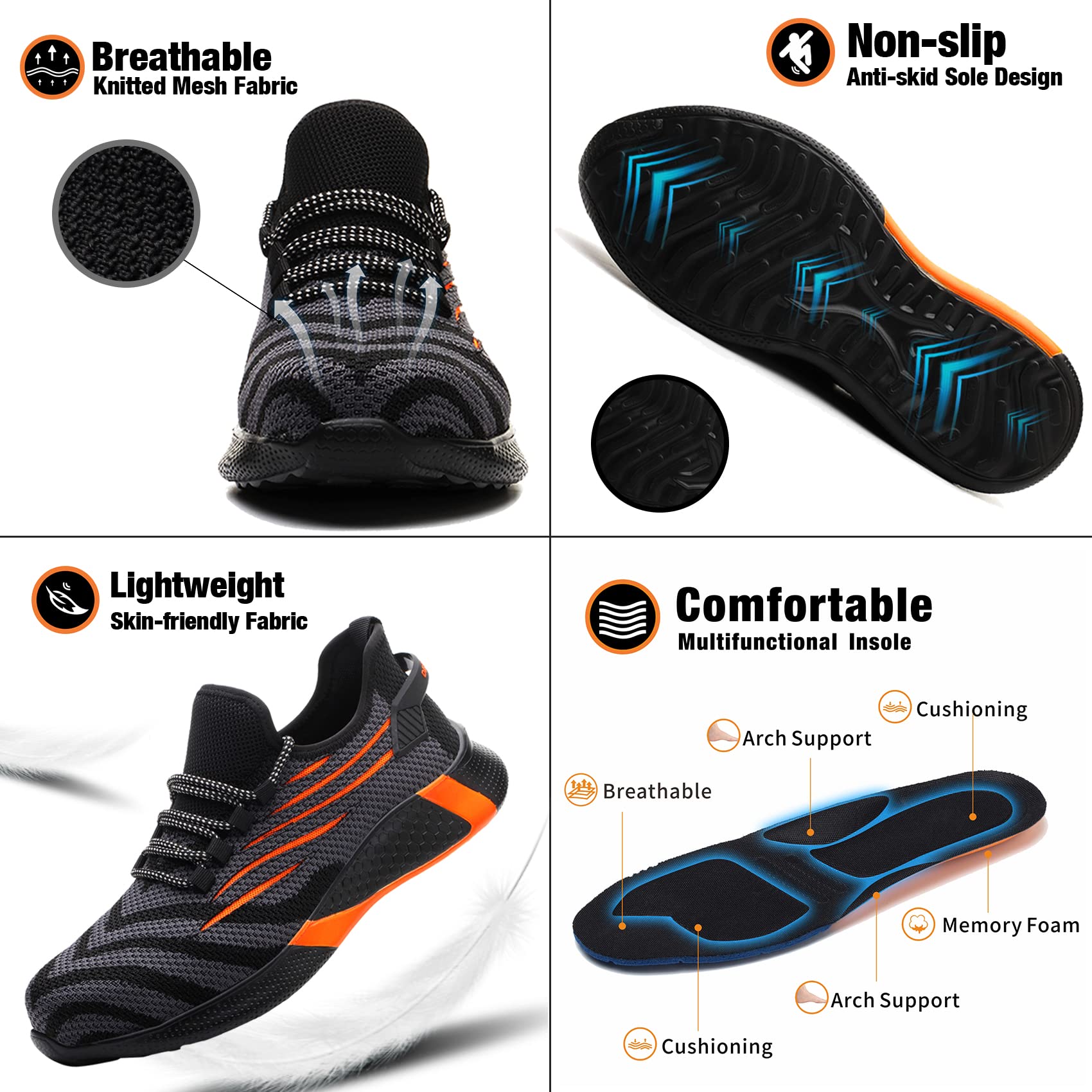 Kezhiho Men's Steel Toe Work Shoes - Lightweight, Slip & Puncture Resistant Safety Sneakers for Construction & Industrial Use | Breathable, Durable & Comfortable for All-Day Wear