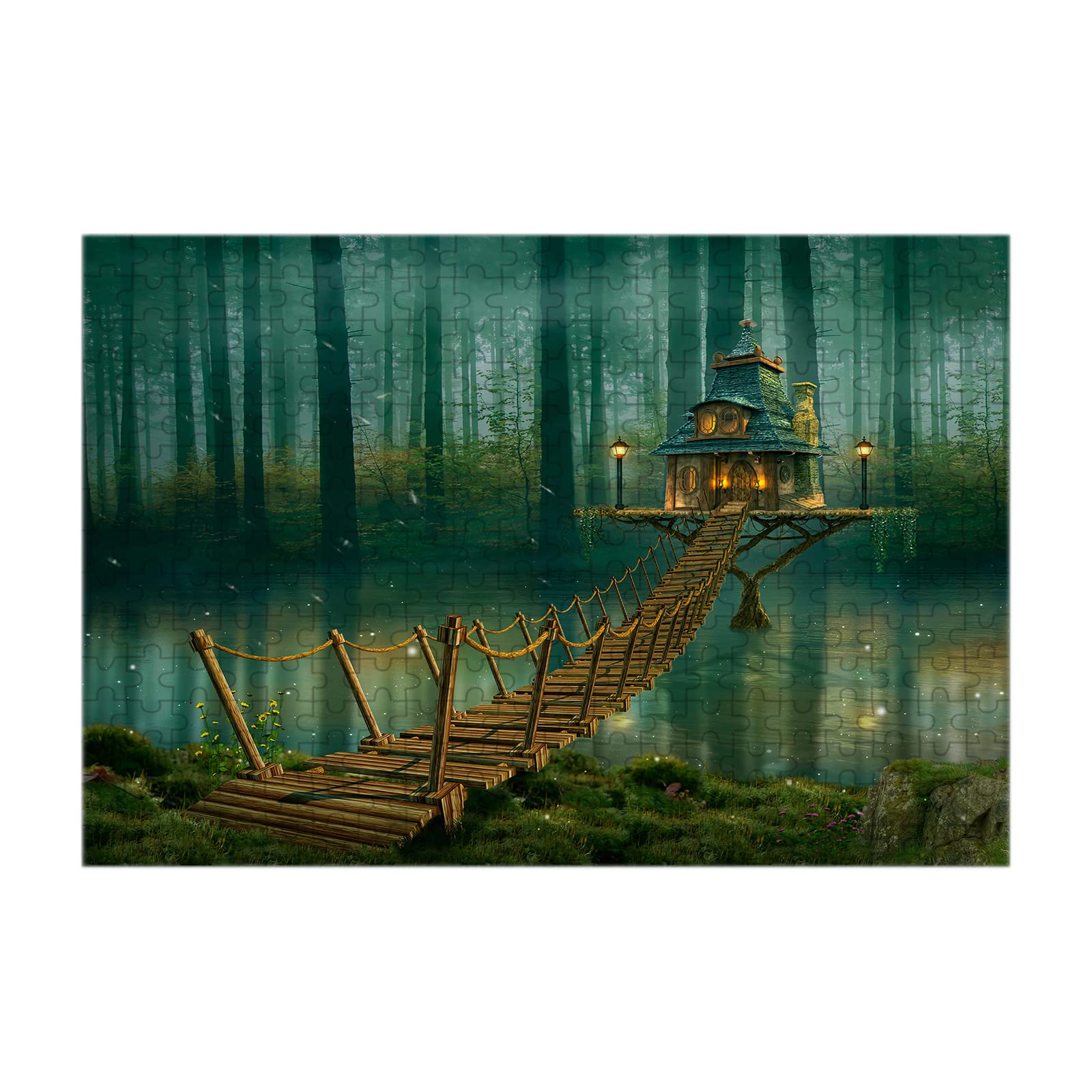 Nicokee 300-Piece Wooden Jigsaw Puzzle - Fantasy River Tree Bridge Cottage Landscape - Stress Relief & Brain Teaser for Adults & Teens - Perfect for Family Game Nights & Relaxation Therapy