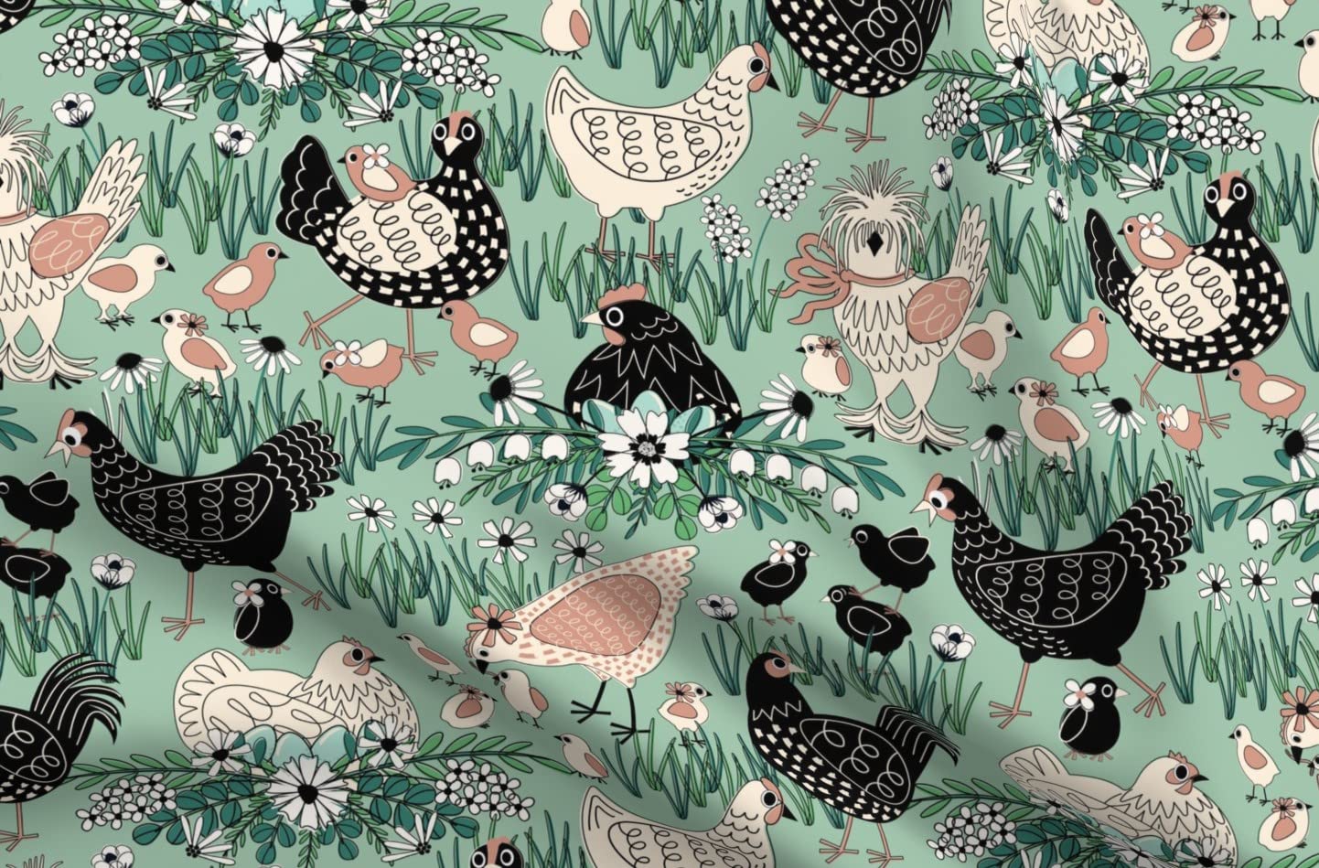 Spring Chickens Bird Pink Black Cream Teal Printed Velvet Upholstery Fabric - Fat Quarter for Home Decor, Apparel & DIY Projects | Soft Durable Material for Curtains, Pillows, Clothing & Crafting