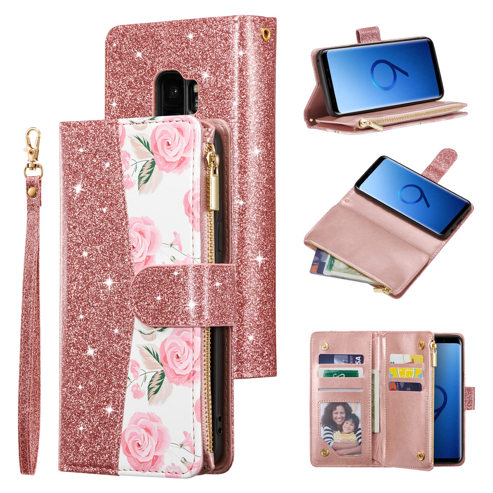 Premium PU Leather Wallet Case for Samsung Galaxy S9 Plus - Magnetic Closure, Zipper Pocket, Kickstand & Card Slots with Hand Strap | Stylish Flip Phone Case for Women | Perfect for Work, Travel & Everyday Use